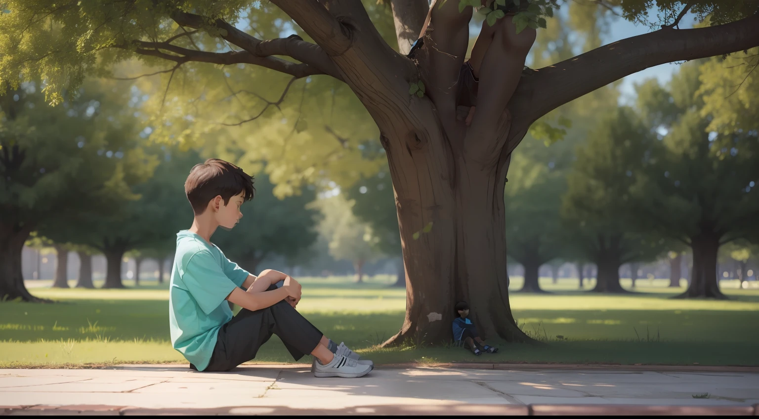 A boy sitting on the floor, leaning against the tree