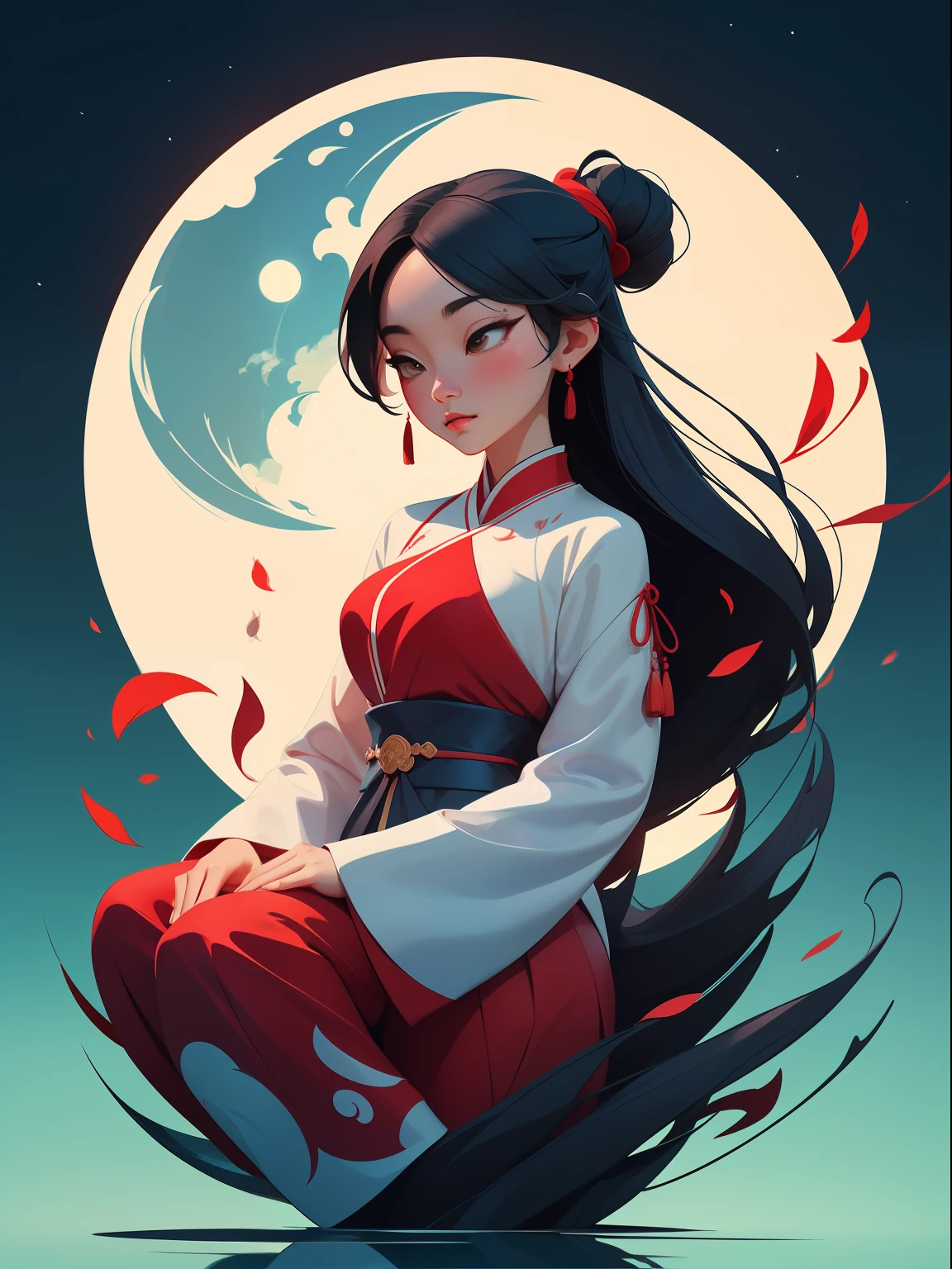 Minimalist illustrations of Chinese ladies, classical, Chinese Zen, minimalism, Chinese animation, Tang dynasty, landscape painting, red and classical blue gradient, water reflection ,moon, zen-like tranquility