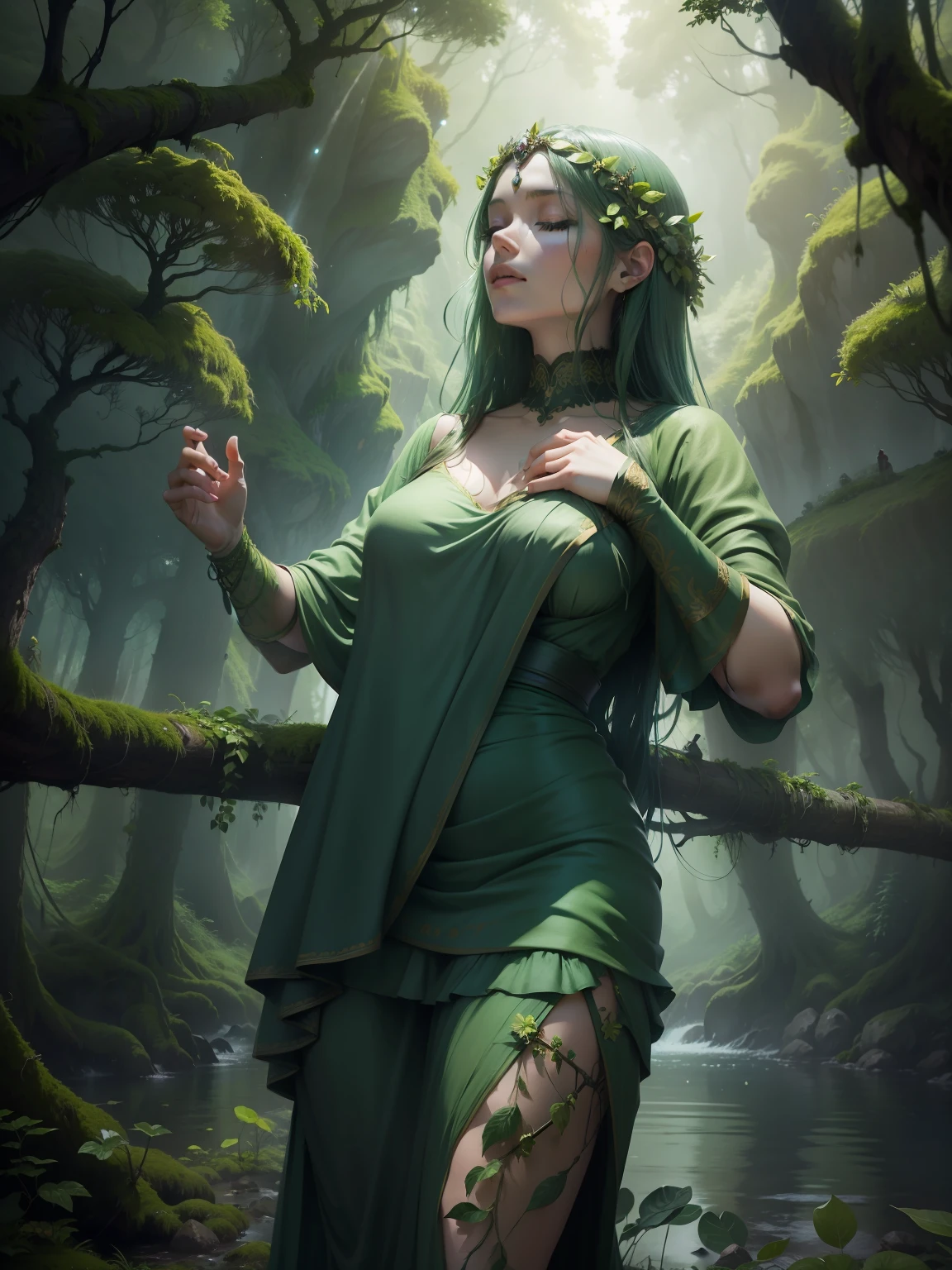 High mountains and flowing water,The mossy statue of the goddess of nature sleeps on the hill,Movie special effects,Green Mountains and Green Water,ln the forest,Except for the face,vine,Almost her entire body was assimilated, tree branch, Wrapped in trees, and part of the forest as well as trees. All her clothes were covered with moss,Bird view,Dreamism,Green