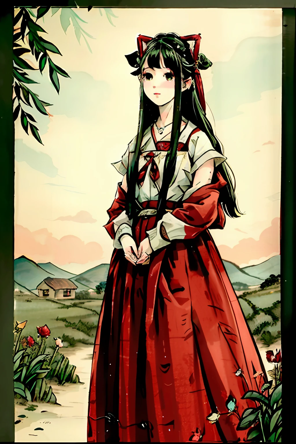 A girl in the lower left corner,eventide,Rural landscape,The light of rural dusk, full body,close-up, 8k, best quality, masterpiece,realistic, headgear of red rose, parted bangs, long hair