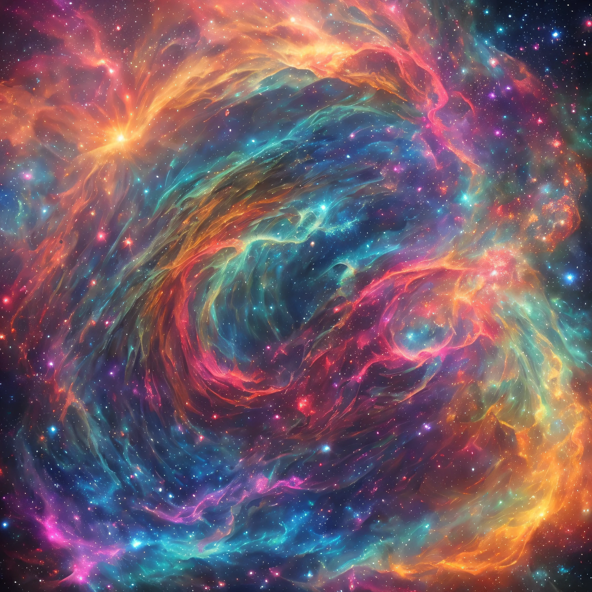 inconceivable and spectacular a scene of emergence of a figure from the glowing cloud, fractal nebula threads, cosmic entities, celestial, cosmic, vibrant and vivid, swirls, twirling, unrealistic, high contrast, symobolism, magical, mystical, mystifying, hyperrealistic, oversaturate, colorfully