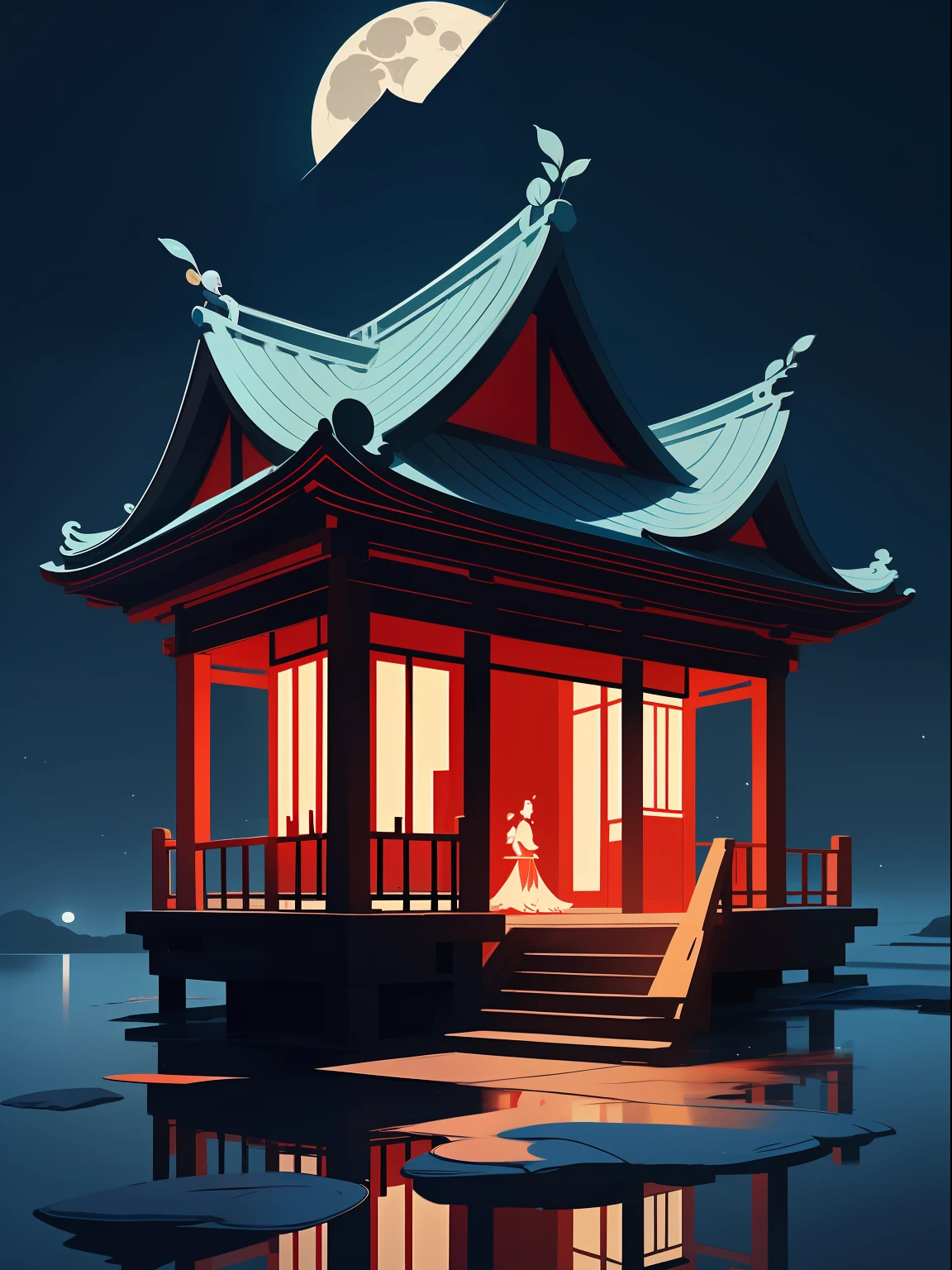 Minimalist illustrations of Chinese ladies, classical, Chinese Zen, minimalism, Chinese animation, Tang dynasty, landscape painting, red and classical blue gradient, a night scene with one people walk through a Chinese porch, water reflection ,moon, zen-like tranquility