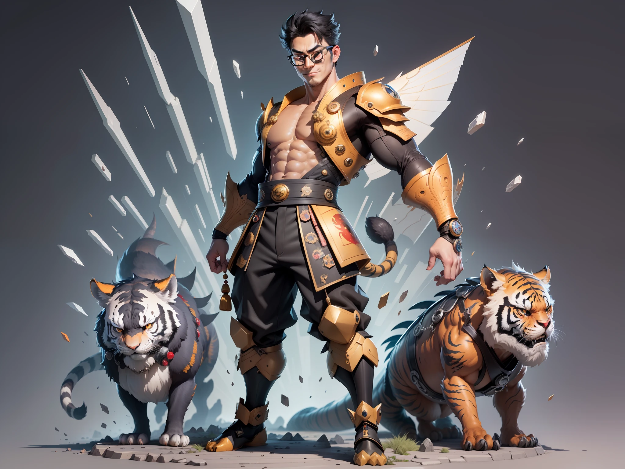 (Masterpiece), (Excellent), (Super Meticulous), (Full Body: 1.2), Super Young Man with Japanese Female Geisha, Pretty, Beautiful, Chinese Dragon, Tiger, Wind God Thor, Sexy, Bursting, Oriental Face, TV Anchor, Bust Portrait Illustration, Black Suit, Blue Tie, Slightly Chubby Face, Silver Glasses, Very Clean Face, No Beard on Chin, Black Super Short Hair, Black Eyes, Confident Smile, 3c Computer Sub-Products, iPad, iPhone, Digital Painting, 3D character design by Mark Clairedon and Pixar and Hayao Miyazaki and Akira Toriyama, the illustrations are HD illustrations in 4K resolution with highly detailed facial features and cartoon-style visuals.
