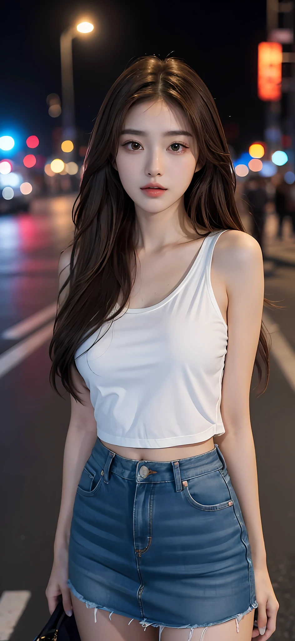 (Best Quality, 8K, Masterpiece, Ultra HD: 1.3), (K-Pop Idol: 1.5), 1 Pretty Girl, (Long brown Hair), Abs, Perfect Figure, Ultra Fine Face, Delicate Lips, Beautiful Eyes, Double Eyelids, Super fine hand, Super fine finger, Short skirt (Sultry) ((Aroused: 1.5)), Open shirt show , Detailed , on the streets city in night