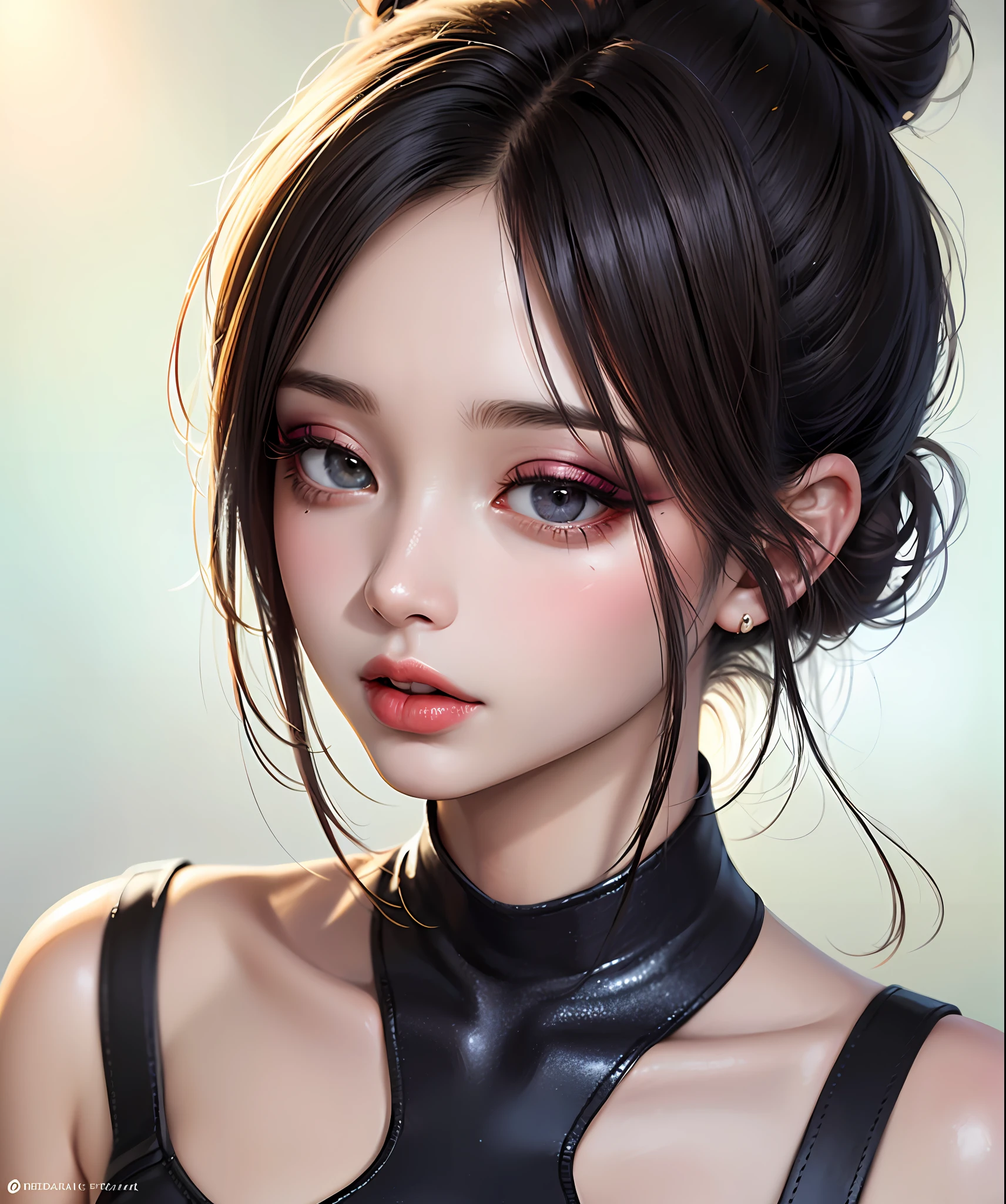 masterpiece, best quality, 8k, beautiful face, high detailed skin,hyper detailed,ultra high res, photorealistic, high resolution, ,lens flare, (Top knot bun:1.5),(same makeup for both eyes:1.5),perfect face,ralistic eyes, detailed lighting, detailed eyes,detailed skin, detailed shadows,ralistic skin,(opened mouth:1.02), (closed eyes:0.9),no make-up,,looking_at_viewer,upper body