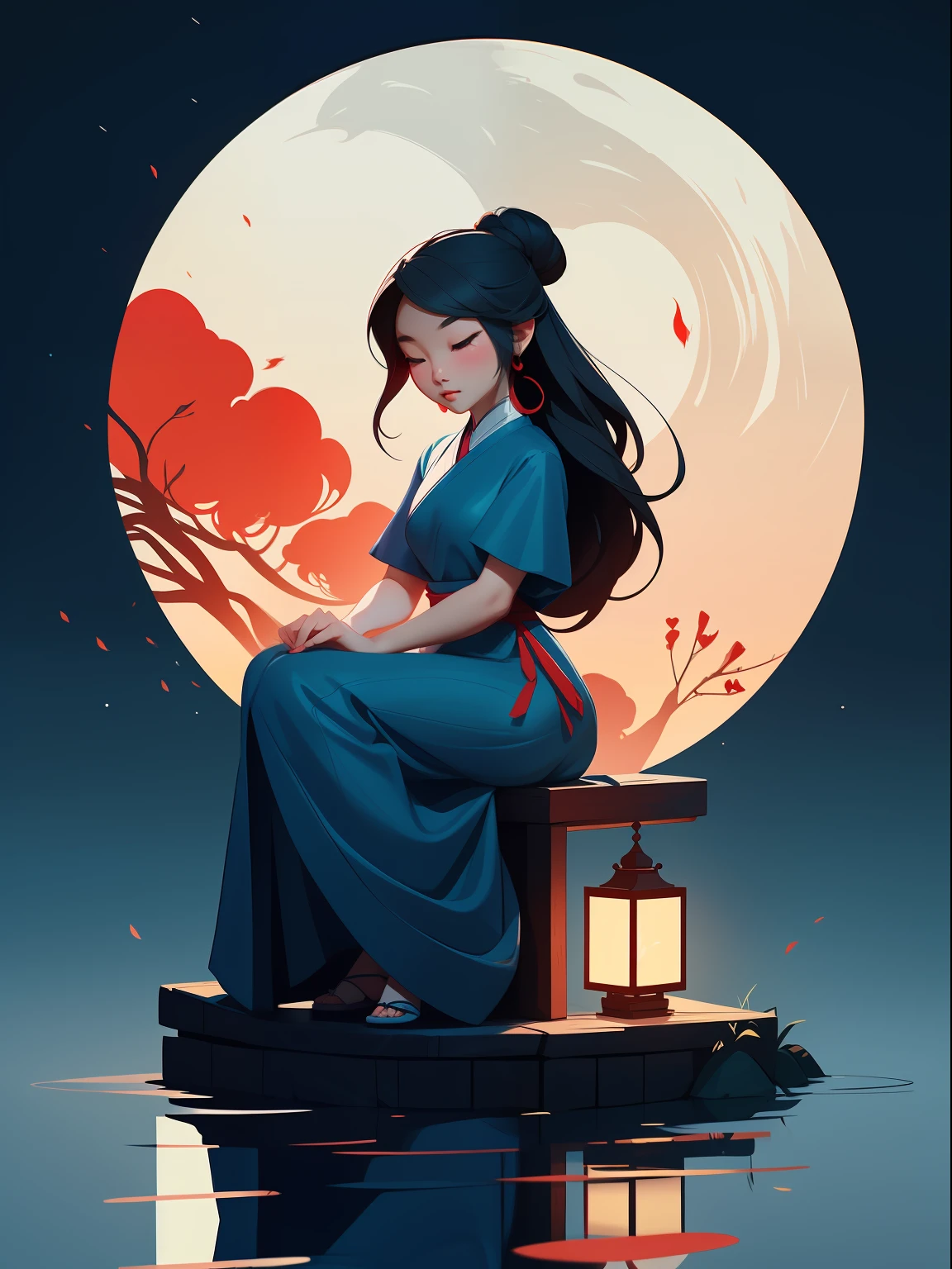 Minimalist illustrations of Chinese ladies, classical, Chinese Zen, minimalism, Chinese animation, Tang dynasty, landscape painting, red and classical blue gradient, a night scene with one people walk through a Chinese porch, water reflection ,moon, zen-like tranquility