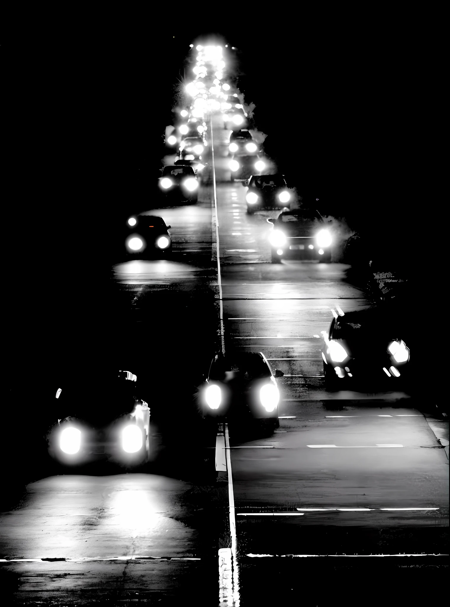 cars driving down a street at high speed, at night with headlights on, daido moriyama, headlights turned on, cars on the road, headlights, by Hans Schwarz, car lights, traffic, lost highway, multiple lights, by Siegfried Haas, night lights, cars, trent parke, headlights are on, alvin schwartz, still photograph, car traffic, bright headlights
