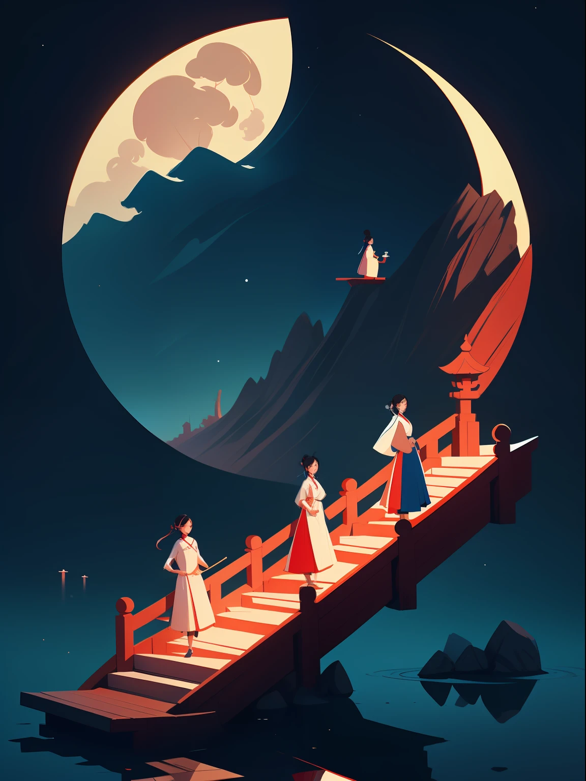 Minimalist illustrations of Chinese ladies, classical, Chinese Zen, minimalism, Chinese animation, Tang dynasty, landscape painting, red and classical blue gradient, a night scene with one people walk through a Chinese porch, water reflection ,moon, zen-like tranquility