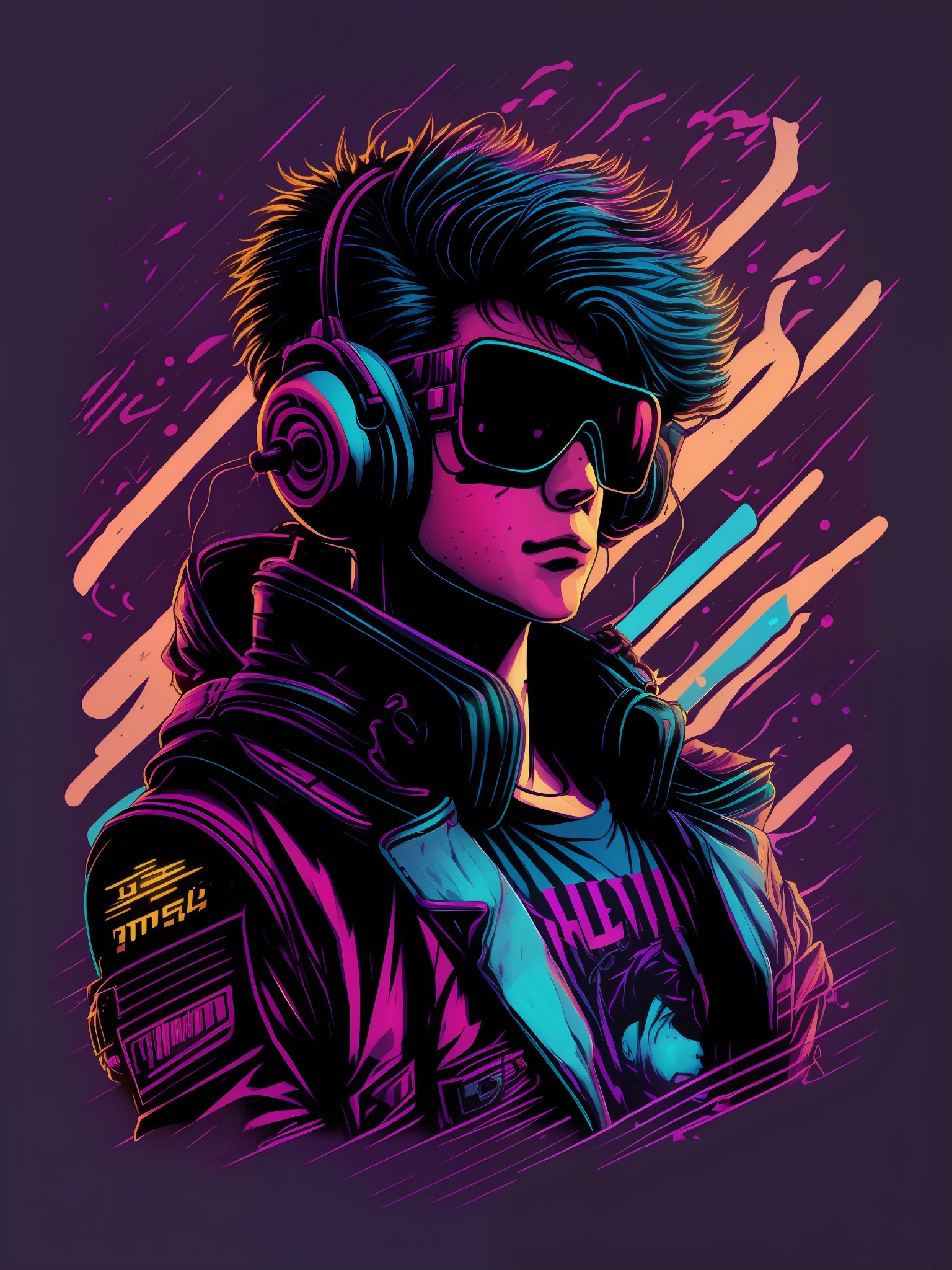 Retrowave cool boy with headset character design,sticker,Full body shot ,anime style, Trigger Studio style, manga art, comics, inking, graffiti art, graphic, neon colors, golden ratio composition, design for tshirt,8k
