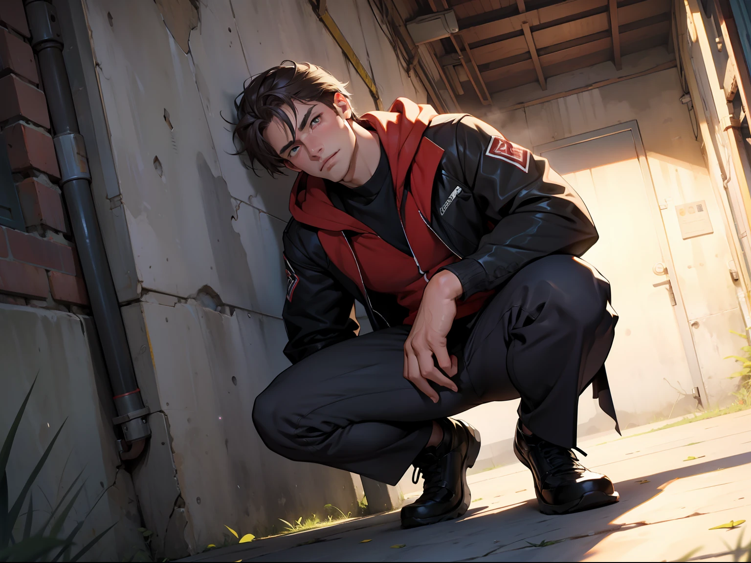 full bodyesbian, Squat handsome, Looking up, Leaning sideways, on one knee，