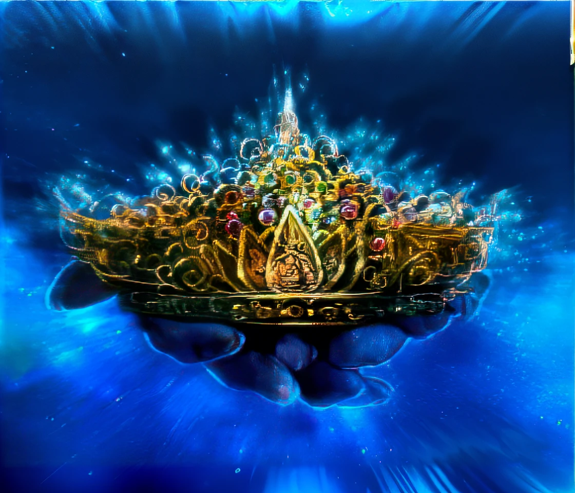 Golden crown on blue background with blue background, Crown of the Gods, floating crown, Atlantes, Ancient Crown, Bejeweled Crown, as an atlantean, Holy Flame Crown Spell, Intricate crown, Painting of an ornate spaceship, by Aleksander Gierymski, Intricate golden crown, Strange crown ), The Crown of Jewels