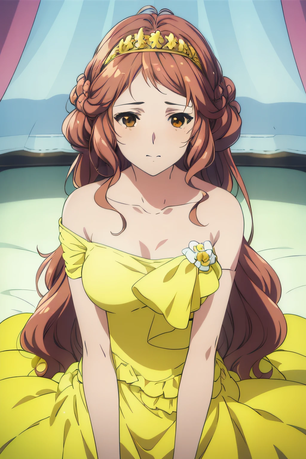 (((Best quality))), ((Ultra-detailed)), ((illustration)), ((Disheveled hair)), ((frilld)), (1 girl), (Solo),Yellow dress,The body faces the viewer,full bodyesbian,Sat down,