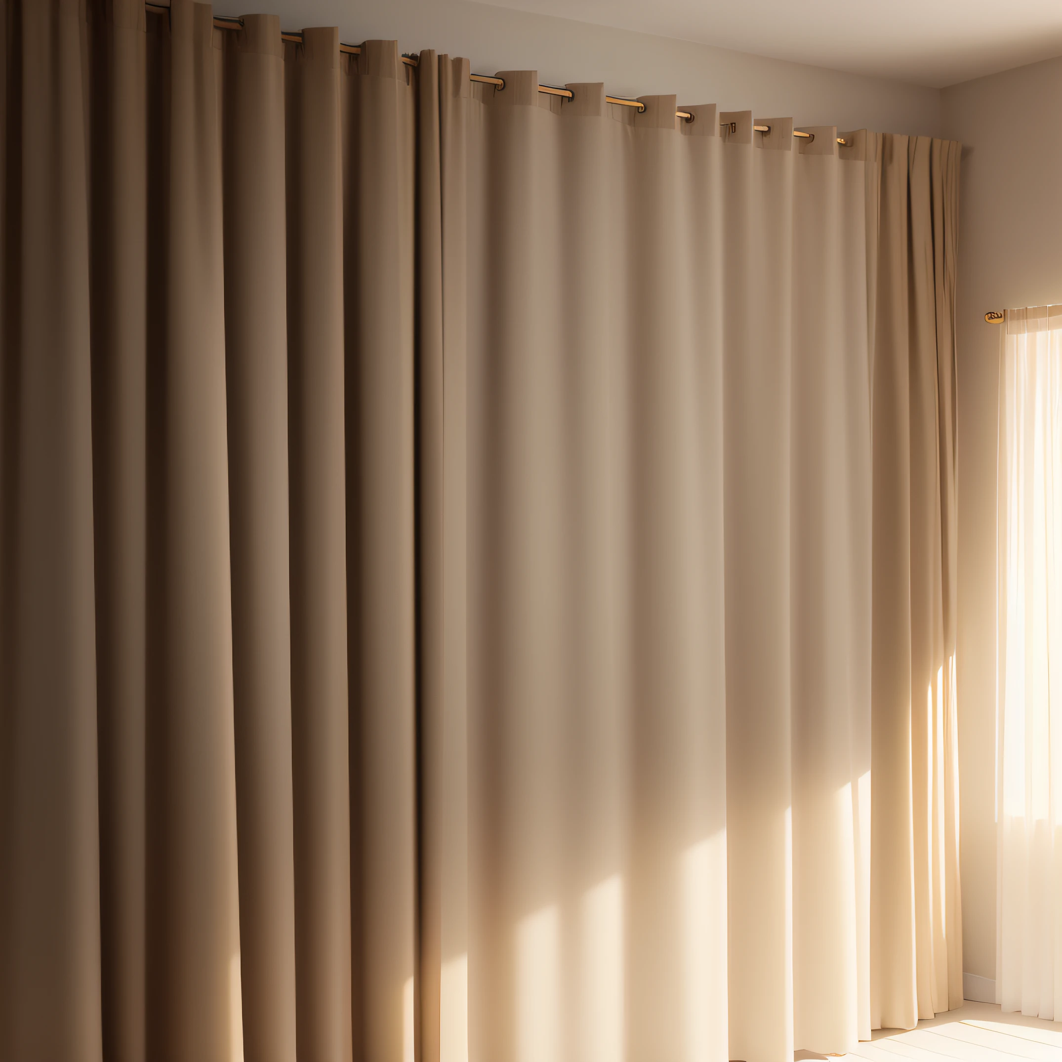 The background is khaki curtains beige and dark atmosphere, beige color scheme, A small number of sand-colored walls, beiges, muted colors with minimalism, solid color backdrop, dark and beige atmosphere, in style of 3d render, com cores neutras, clemens ascher, beige and gold tones, background made of big curtains