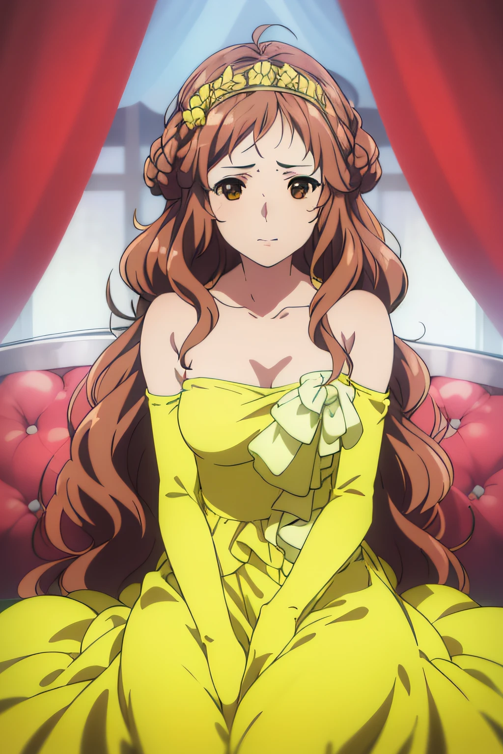 (((Best quality))), ((Ultra-detailed)), ((illustration)), ((Disheveled hair)), ((frilld)), (1 girl), (Solo),Yellow dress,The body faces the viewer,full bodyesbian,Sat down,