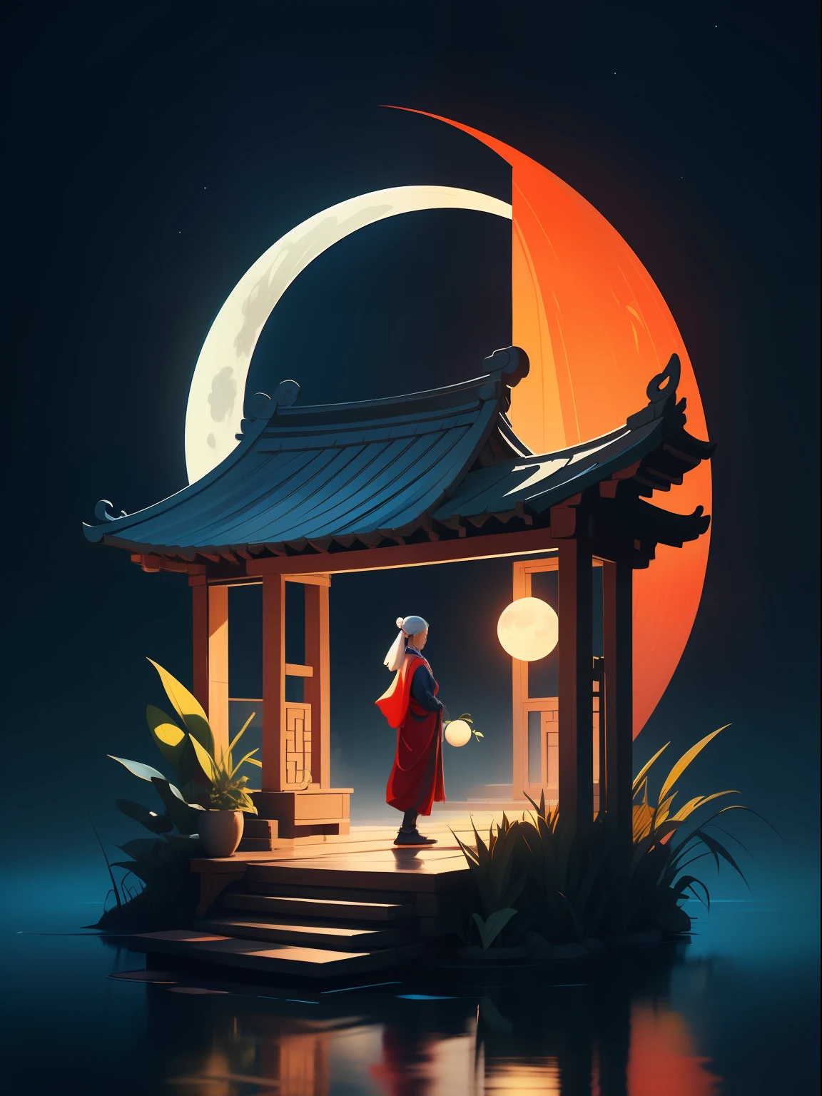 classical, Chinese Zen, minimalism, Chinese animation, Tang dynasty, landscape painting, red and classical blue gradient, a night scene with one people walk through a Chinese porch, water reflection ,moon, zen-like tranquility
