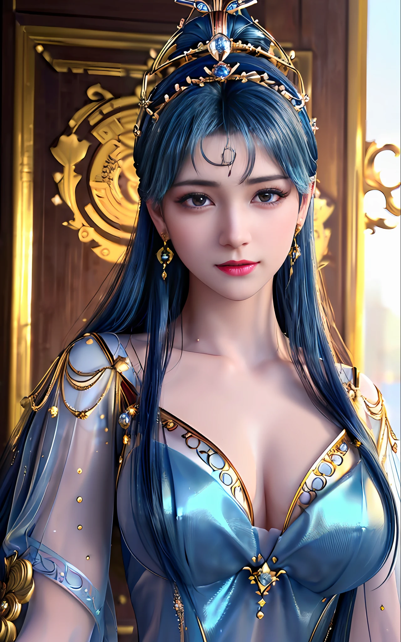 ((realisticity: 1.2)), ((best resolution: 8K UHD)), best quality,masterpiece,highres,cg,
((1 super detailed and super realistic girl)), ((very beautiful queen dazzling, super realistic, and super detailed)),((white skin, beautiful, smooth, youthful, super realistic and super detailed
)), long hair, ((super realistic and super detailed dress)), solo, ((super realistic, super beautiful, gorgeous and super detailed jewelry)), ((super beautiful, super realistic and super detailed dark blue and golden yellow dress)),
((super beautiful, super realistic, super detailed diamond filled earrings)),
((super beautiful, super realistic and super detailed diamond filled hair ornament)), ((super beautiful upper body, super beautiful, super realistic and super detailed)), ((big breasts: 2.5)),
((super grand, super realistic and super detailed royal palace backgroun))
((super beautiful, super beautiful, super realistic and super detailed hair bun)), ((super beautiful, super realistic and super detailed blue hair)),
candid, Photograph, high resolution, 8k,Bokeh,