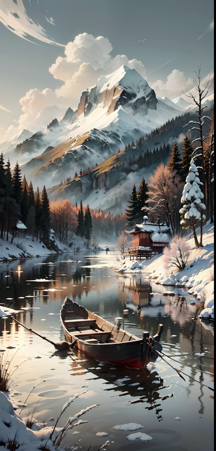 Black and white Chinese ink painting,water ink,ink,Smudge,Winters,nevando,Oyuki,The distant mountains on all sides are covered with thick snow,On the empty and wide river, on a lonely boat, an old man in a gown sits fishing,Lonely boats,Fishing alone in the cold river snow,Empty River,Ethereal breath,Beautiful artistic conception,Ancient Chinese poetry