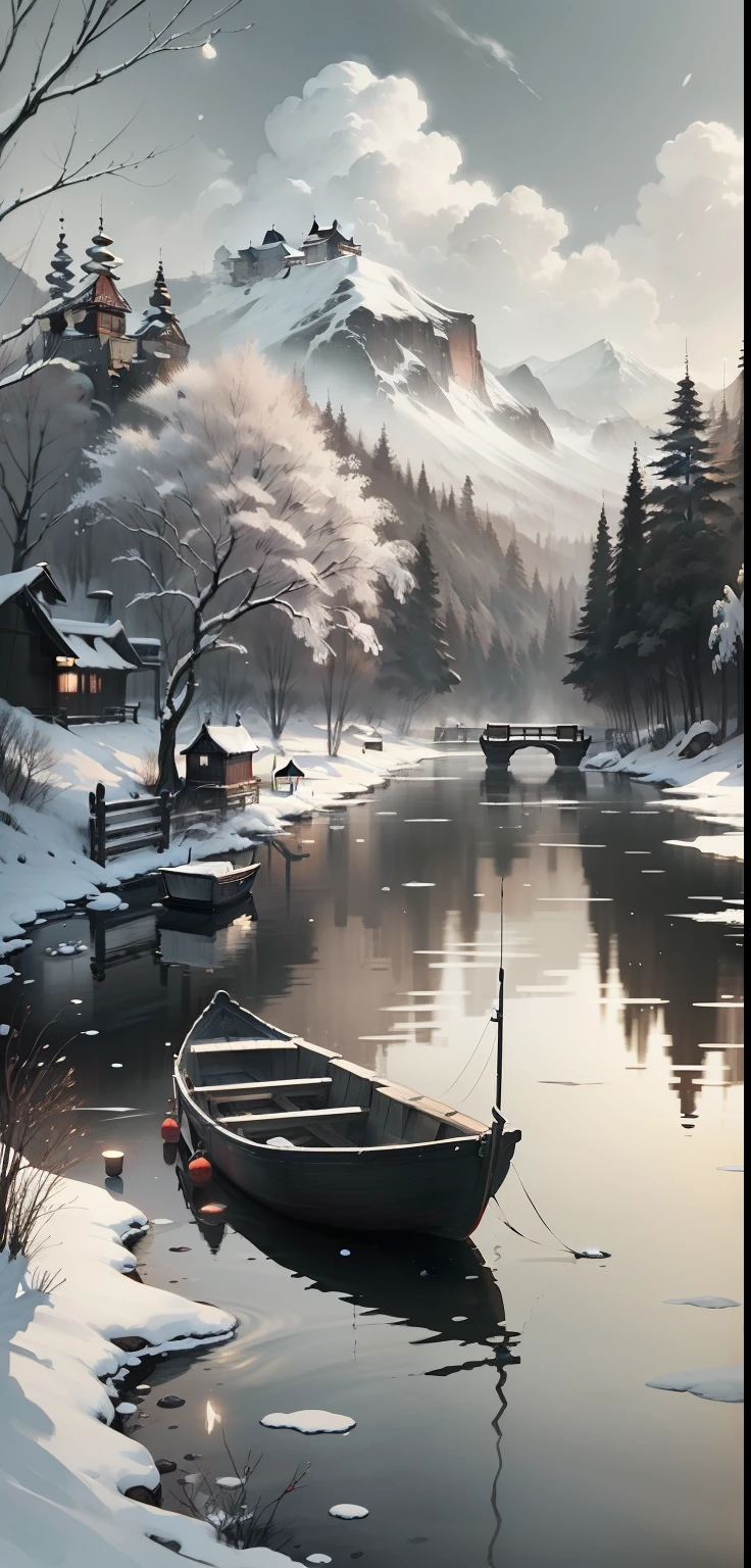 Black and white Chinese ink painting,water ink,ink,Smudge,Lonely boats,Fishing alone in the cold river snow,Empty River,Ethereal breath,Beautiful artistic conception,Ancient Chinese poetry
