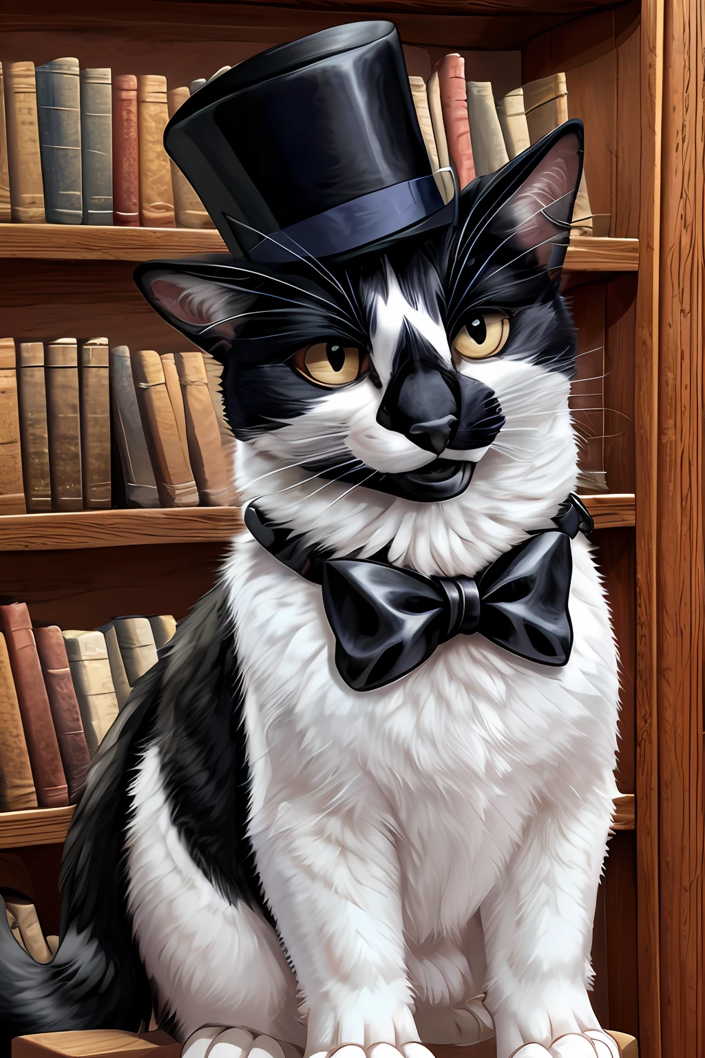 Leo, black and white cat, wearing a top hat and a bow tie standing upright, looking content, cute paws for hands, in a library, high quality, high resolution, upper body shot, portrait, (black lower lip:1.2)