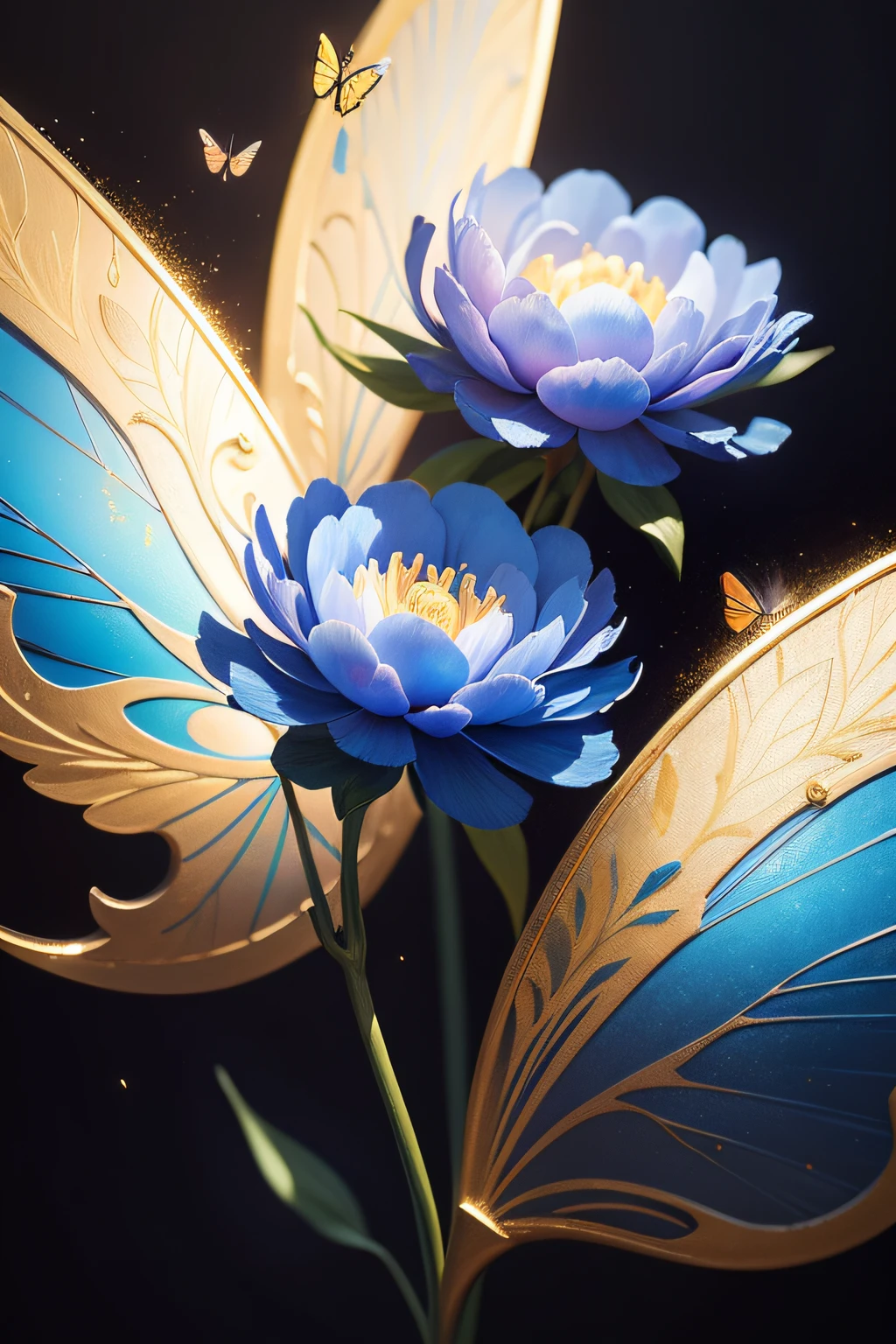 blue colors,Close-up of a peony flower,Butterflies are flying,Blue oil painting,Golden glitter,Stylized flowers with multiple elements,Flower of the elements