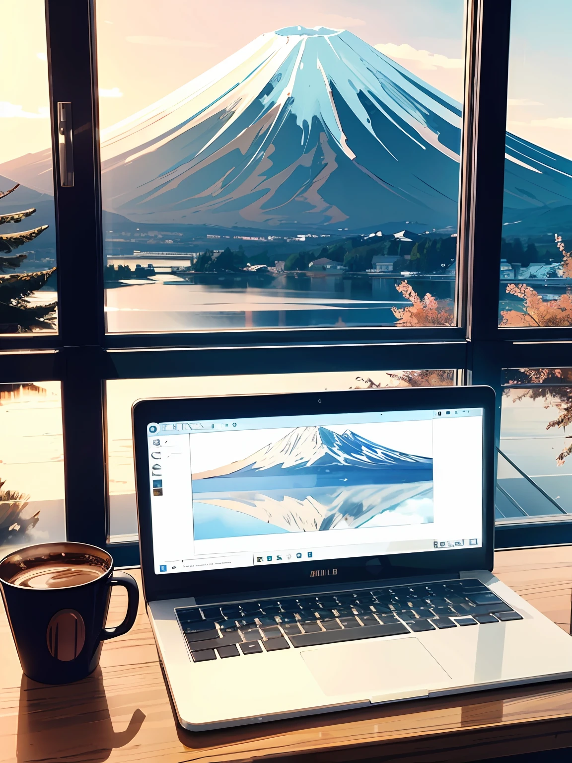 Laptop and glass filled with coffee on table with Mount Fuji background