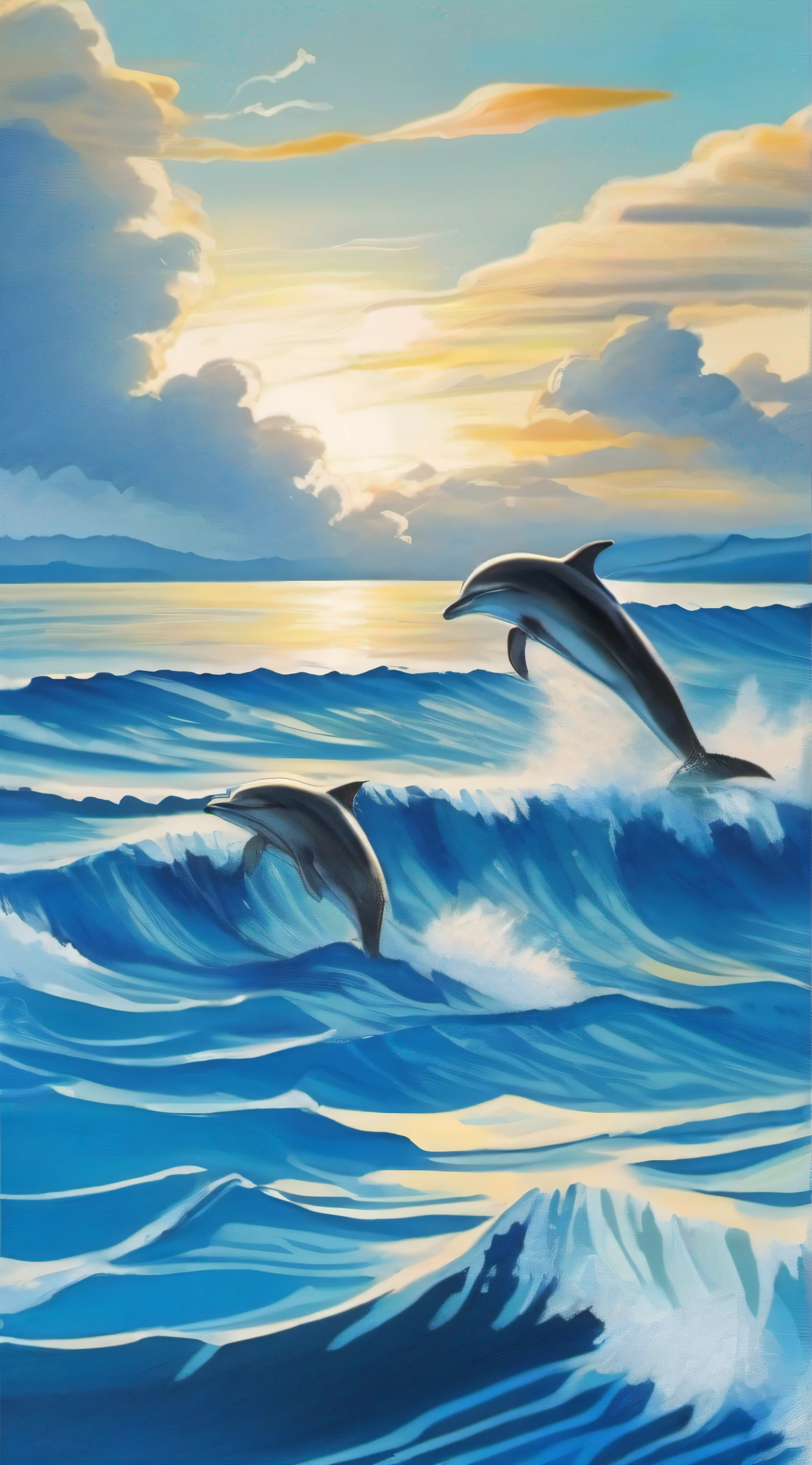 Blue ocean,Swimming dolphins in the sea,swell sea,gouache painting,illustration,with blue sky and white clouds,Beautiful