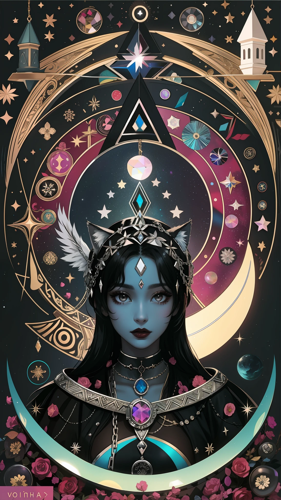 Model: long wavy black hair, full dark lips, Smoky eyes, BREAK, Setting: Room with black color, Broken glass,multicolored neon crystals, BREAK, bodypaint: Polychromatic geometric patterns, Torso cover, Arms and legs, BREAK, Accessories: Chrome-plated chains with torn body, Silver Choker, black feathered white black wings, Naked, Topless, naked body,BREAK, the pose: on a bed, looking forward, truth, Magic, Magic, wolf ears, Wolf, up close, northern lights, spectrum