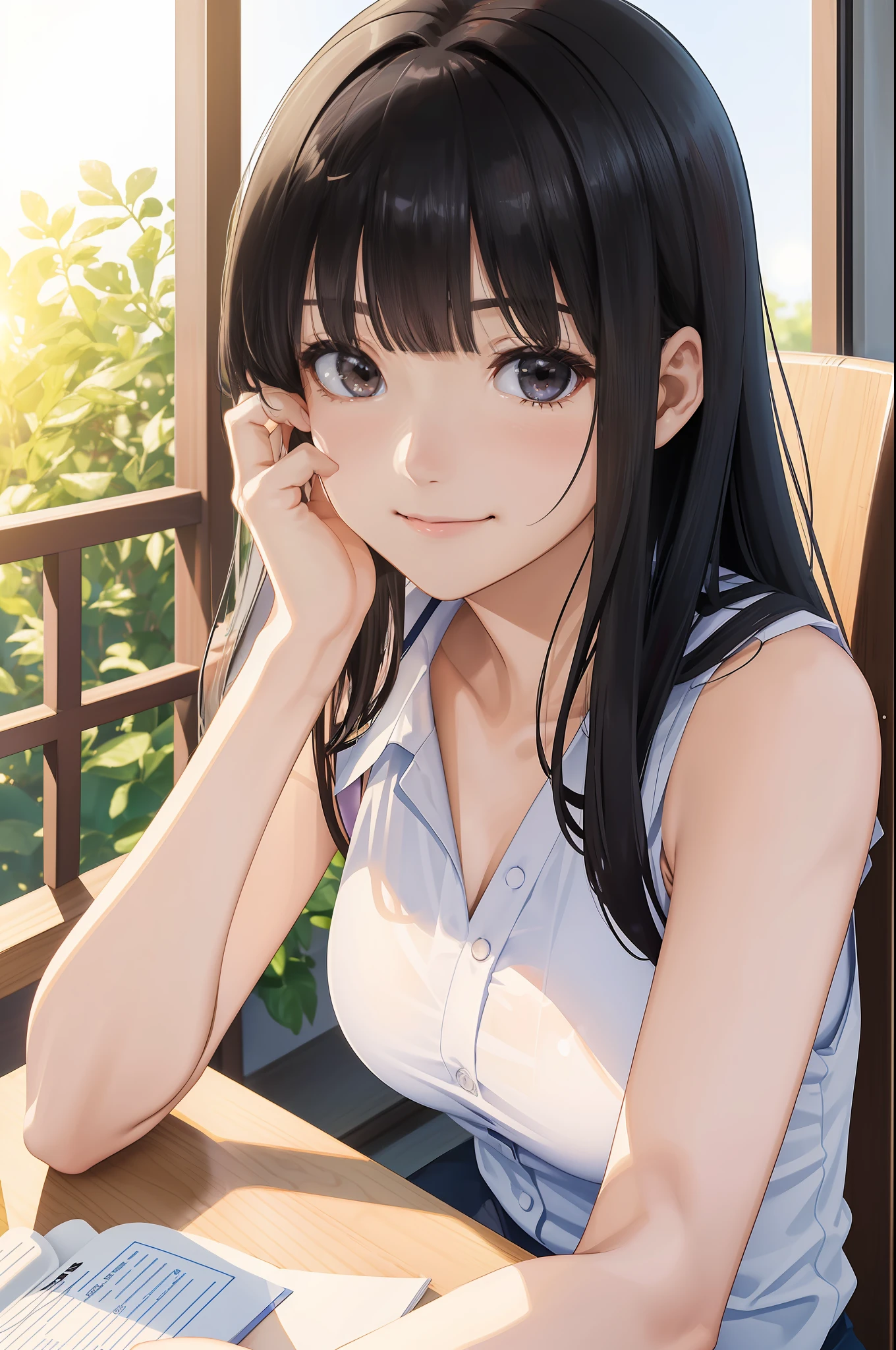(best quality, masterpiece, UHD:1.2), Raw, perfect anatomy, professional lighting, illustration, (pov), (face focus), (portrait), (straight-on), (middle age female), (beautiful Japanese middle age female, 38yo,), (((solo))), (beautiful glossy black hair, floating blunt bangs long hair,) Flawless Beautiful Face, beautiful black eyes, (glamorous), Slightly Droopy Breasts, Medium Breasts, (smile), (staring), (blush), (head rest), (sitting on chair), (looking at viewer), ((sleeveless shirt,)) (a hand has a thumb and four fingers), inside, summer, sunshine, modern cafeteria, light leaks, depth of field, bokeh,