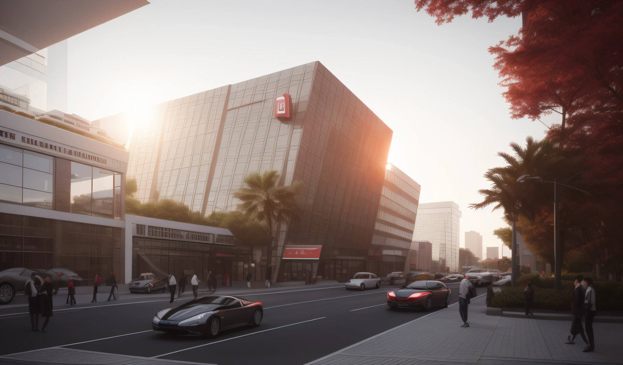 The car drove on the street in front of a building with a red sign, sharp hq rendering, by Ni Yuanlu, sharp foccus ilustration hq, author：Tadeusz Pruszkówski, sharp focus ilustration hq, no watermark, architecture render, architectural render, artstation hq”, architecture render ”, building rendering, artistation render