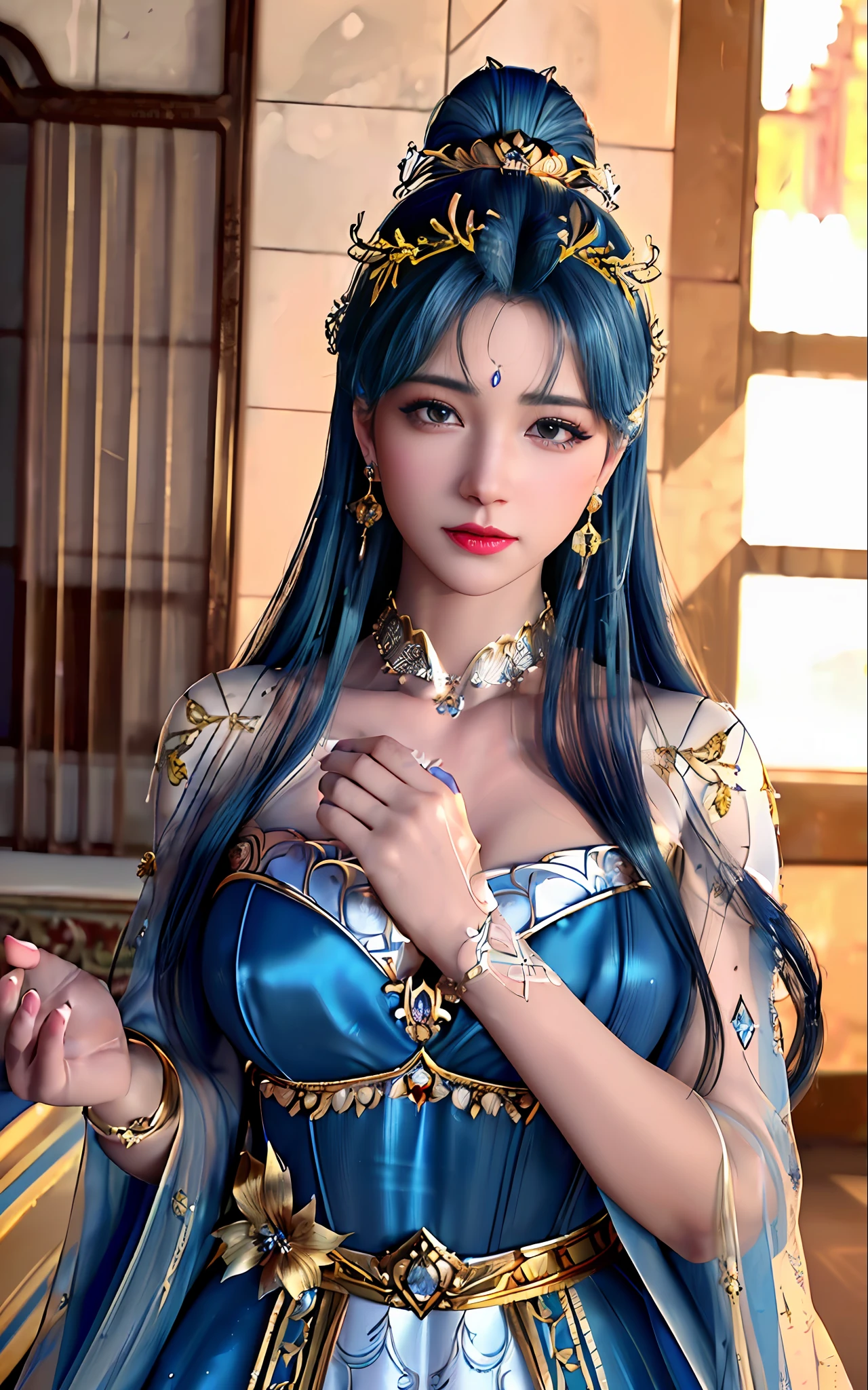 ((realisticity: 1.2)), ((best resolution: 8K UHD)), best quality,masterpiece,highres,cg,
((1 super detailed and super realistic girl)), ((very beautiful queen dazzling, super realistic, and super detailed)),((white skin, beautiful, smooth, youthful, super realistic and super detailed
)), long hair, ((super realistic and super detailed dress)), solo, ((super realistic, super beautiful, gorgeous and super detailed jewelry)), ((super beautiful, super realistic and super detailed dark blue and golden yellow dress)),
((super beautiful, super realistic, super detailed diamond filled earrings)),
((super beautiful, super realistic and super detailed diamond filled hair ornament)), ((super beautiful upper body, super beautiful, super realistic and super detailed)), ((big breasts: 2.5)),
((super grand, super realistic and super detailed royal palace backgroun))
((super beautiful, super beautiful, super realistic and super detailed hair bun)), ((super beautiful, super realistic and super detailed blue hair)),
candid, Photograph, high resolution, 8k,Bokeh,