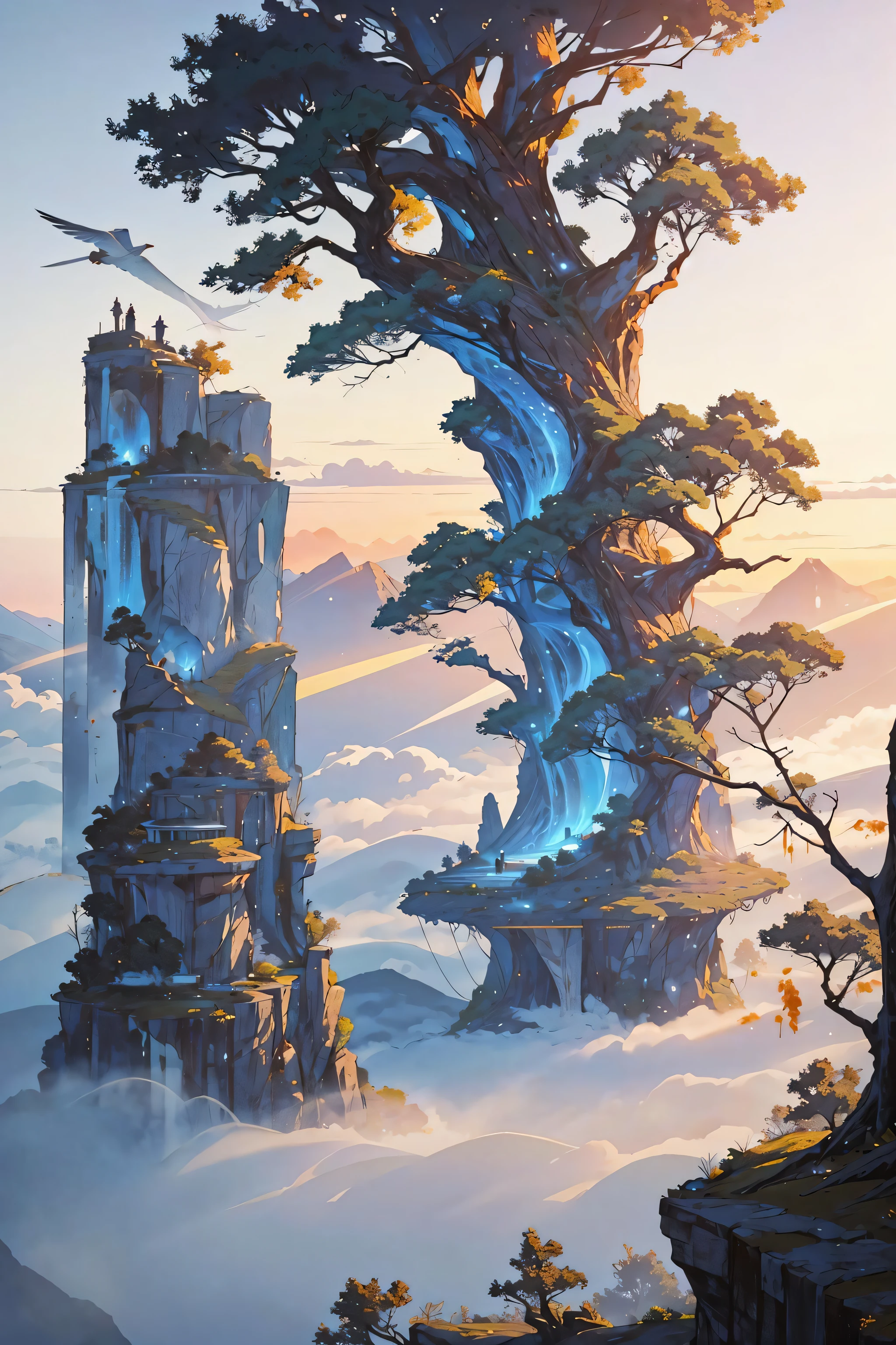 ancient giant tree in the deep jungle, birds in the branches, fog at dawn, beautiful scenery