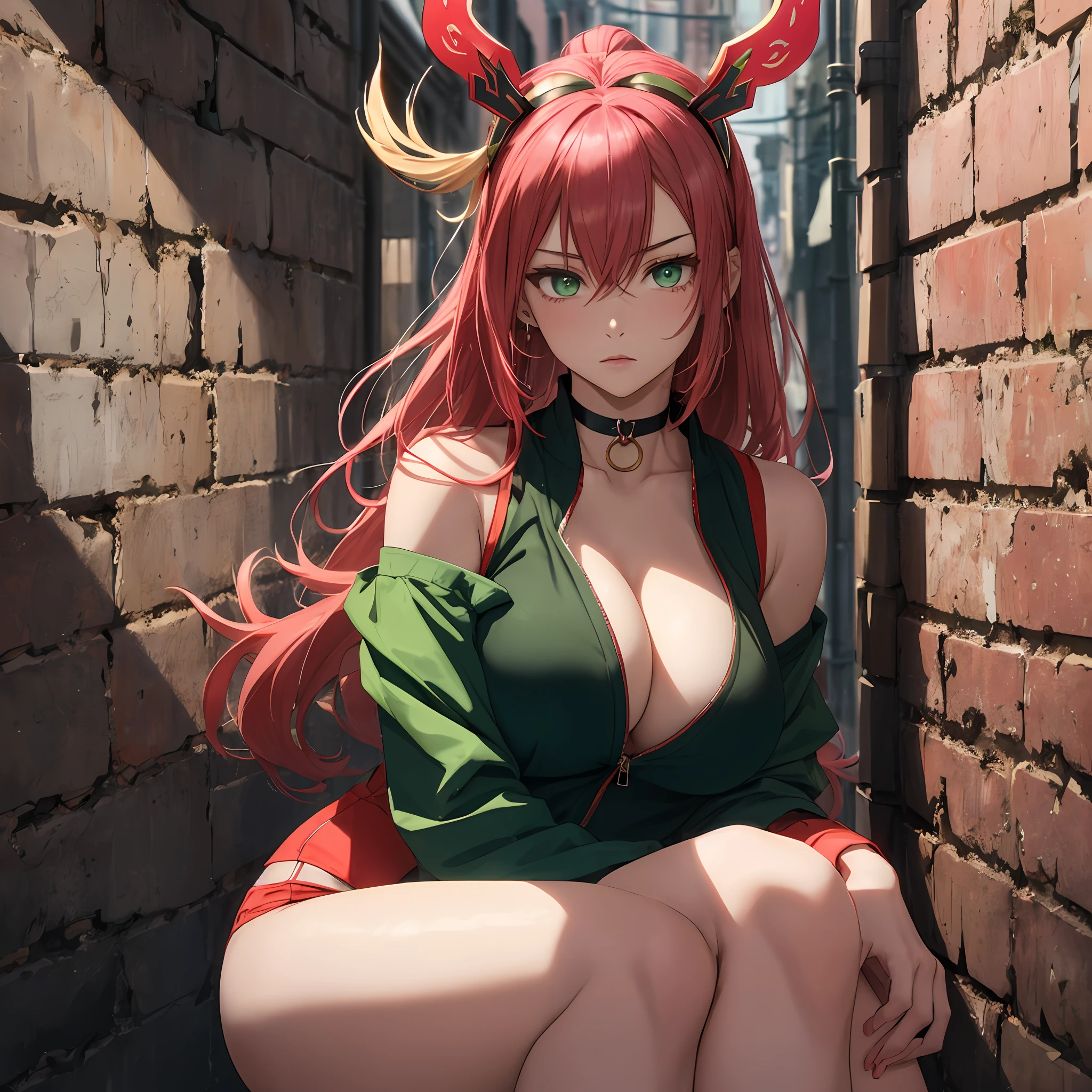 (tmasterpiece,Need,1girl,solo,The details are complex,color difference),photorealestic,((Medium breath)),cropped shoulders,Semi-naked leaky big breasts,Raised sexy,yae miko,Pink Long Hair,red headgear,Red highlight,Hair above one eye,over knee socks,Green eyes,耳Nipple Ring,sharp look,Perfectly symmetrical figure,choker,Neon shirt,Open jacket,Harnes,against a wall,brick walls,scribbles,dim murky lights,alley,looking at viewert,((Mean streak,Cleavage is seductive,big breasts enchanting)),(((Background of the Three Kingdoms)))