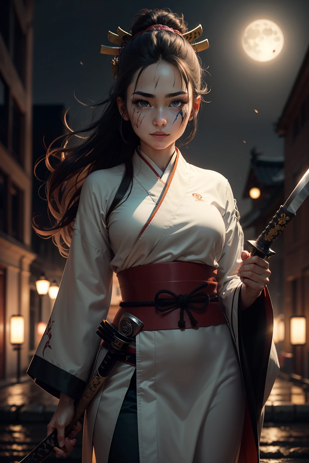 black hair, battle worn, samurai, pretty girl, delicate face, beautiful girl, hot body, hot girl, holding katana, black and white samurai uniform, under the moonlight, long hair, floating hair, dilated pupils, eyebrows behind hair, ringed eyes, holding breath, soft smile, face paint, scars on face, Surrealism, ray tracing, reflection light, motion lines, blurry foreground, night time, perspective, panorama, Canon, Fujifilm, 8k, super detail, best quality, UHD