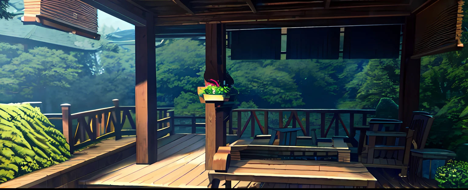 There is a wooden porch with benches and wooden stools, cinematic establishing shot, Unreal Engine 5 environment, atmospheric establishing shot, Wide-angle lens of the cabin interior, shot from cinematic, still frame from a movie, realistic establishing shot, cinematic unreal engine 5, detailed unreal engine 5 render, screenshots from movies, illusory engine,cartoonish style,In the daytime,The colors are rich and bright