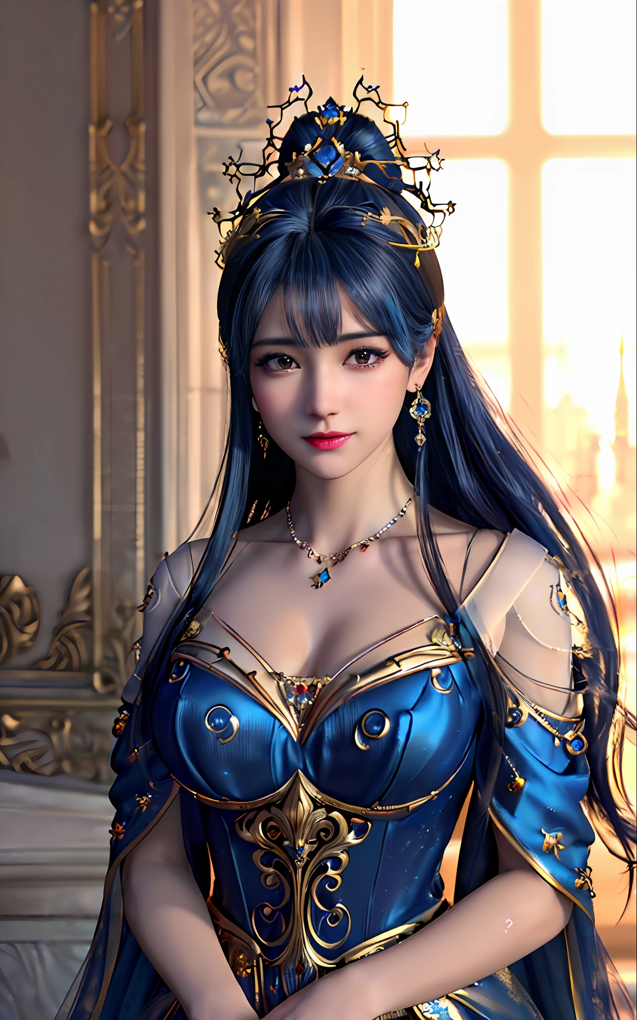 ((realisticity: 1.2)), ((best resolution: 8K UHD)), best quality,masterpiece,highres,cg,
((1 super detailed and super realistic girl)), ((very beautiful queen dazzling, super realistic, and super detailed)),((white skin, beautiful, smooth, youthful, super realistic and super detailed
)), long hair, ((super realistic and super detailed dress)), solo, ((super realistic, super beautiful, gorgeous and super detailed jewelry)), ((super beautiful, super realistic and super detailed dark blue and golden yellow dress)),
((super beautiful, super realistic, super detailed diamond filled earrings)),
((super beautiful, super realistic and super detailed diamond filled hair ornament)), ((super beautiful upper body, super beautiful, super realistic and super detailed)), ((big breasts: 2.5)),
((super grand, super realistic and super detailed royal palace backgroun))
((super beautiful, super beautiful, super realistic and super detailed hair bun)), ((super beautiful, super realistic and super detailed blue hair)),
candid, Photograph, high resolution, 8k,Bokeh,