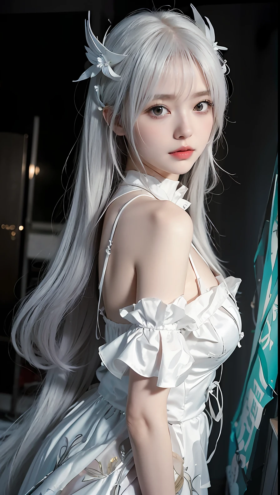 a close up of a woman in a white dress with long hair, anime girl cosplay, with long white hair, with white long hair, anime cosplay, cute anime waifu in a nice dress, perfect white haired girl, anime goddess, beautiful anime girl, beautiful alluring anime woman, white hime cut hairstyle, attractive anime girl, anime girl with long hair