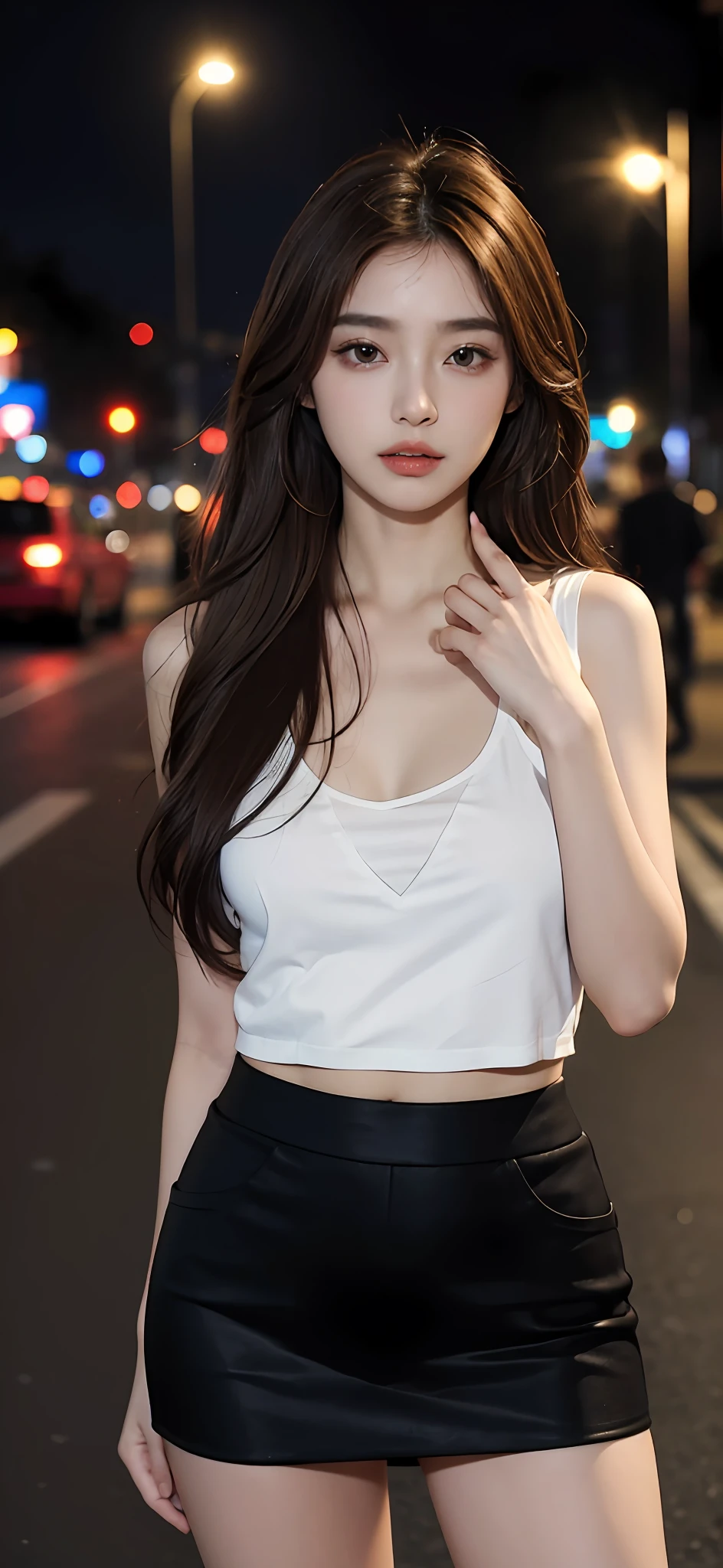 (Best Quality, 8K, Masterpiece, Ultra HD: 1.3), (K-Pop Idol: 1.5), 1 Pretty Girl, (Long brown Hair), Abs, Perfect Figure, Ultra Fine Face, Delicate Lips, Beautiful Eyes, Double Eyelids, Super fine hand, Super fine finger, Short skirt (Sultry) ((Aroused: 1.5)), Open shirt show , Detailed , on the streets city in night