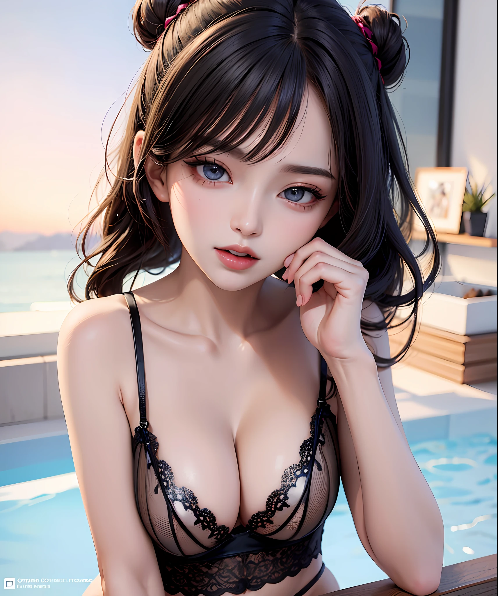 tmasterpiece, best qualtiy, 8k, beauitful face, highdetailskin, hyper-detailing, 超A high resolution, realisticlying, A high resolution, ,lens flare glow, (The top knot hair steamed bun:1.5),(Same makeup for both eyes:1.5),s the perfect face,Eyes of pull, Detailed lighting, Detailed eyes,Detailed skins, detailed shadow,Rally's skin,(Open mouth:1.02), (eye closeds:0.9),nomake-up,,looking_at_viewer,The upper part of the body,huge tit,sensual lingerie