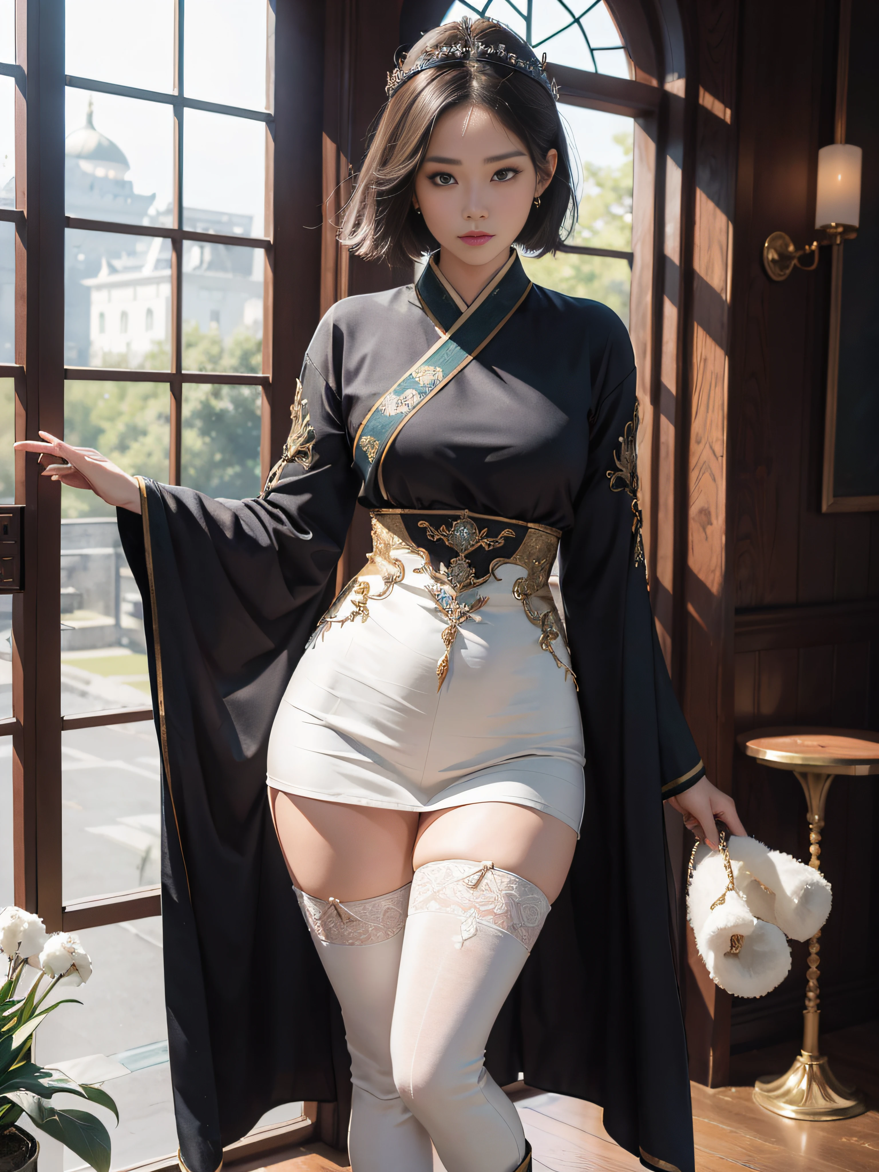 Royal sister，Big sister type，Oriental women，gallant woman，Cold sass，short detailed hair，,tmasterpiece,A high resolution,,Absolutely beautiful,，are standing，exquisitedetails,A high resolution,Wallpapers,1female,独奏,，enchanted、Raised sexy， Rich expressions， trinkets,Fluttering, Hanfu,,Wear tight trousers，Boots，Reveal the appearance of boots，Show stockings，over-the-knee cotton socks，embroidery, natural poses,standing on your feet， Fanning，16K，HDR，A high resolution，depth of fields，Bocoon，prime time，Vignette，rainbowing，（Wide buttock：1.4），（Thick legs：1.4）