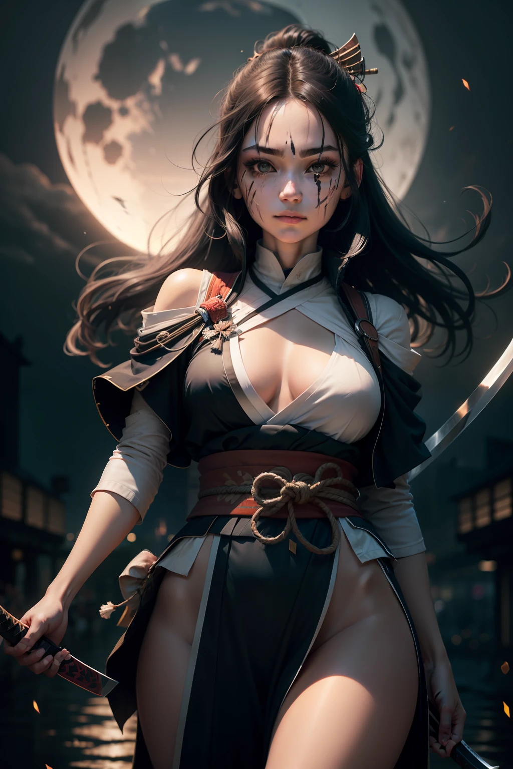 black hair, battle worn, samurai, pretty girl, delicate face, beautiful girl, hot body, hot girl, holding katana, black and white samurai uniform, under the moonlight, long hair, floating hair, dilated pupils, eyebrows behind hair, ringed eyes, holding breath, soft smile, face paint, scars on face, Surrealism, ray tracing, reflection light, motion lines, blurry foreground, night time, perspective, panorama, Canon, Fujifilm, 8k, super detail, best quality, UHD