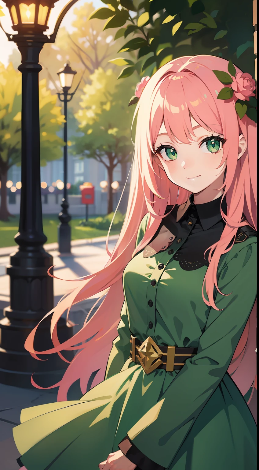 young girl, long pink hair, Green eyes, Green Light Dress, ssmile, Masterpiece, hiquality