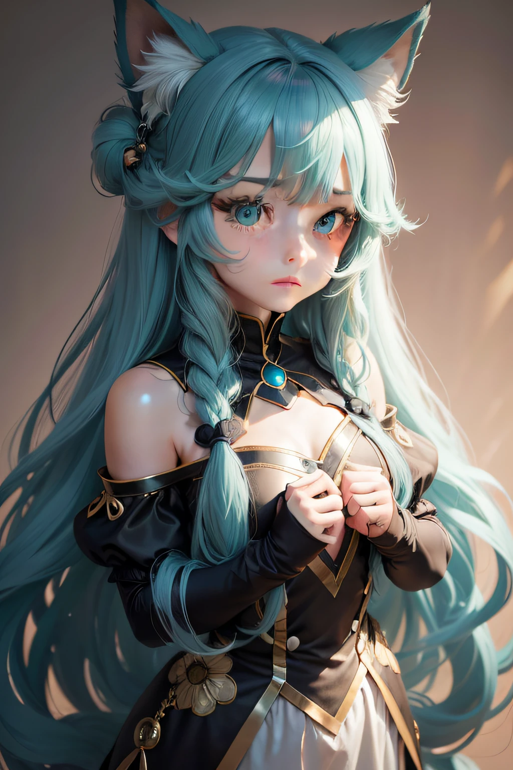 long hair, big hair, expressive hair, diagonal bangs, hair bobbles, aqua eyes, heart-shaped eyes, animal ears, nervous