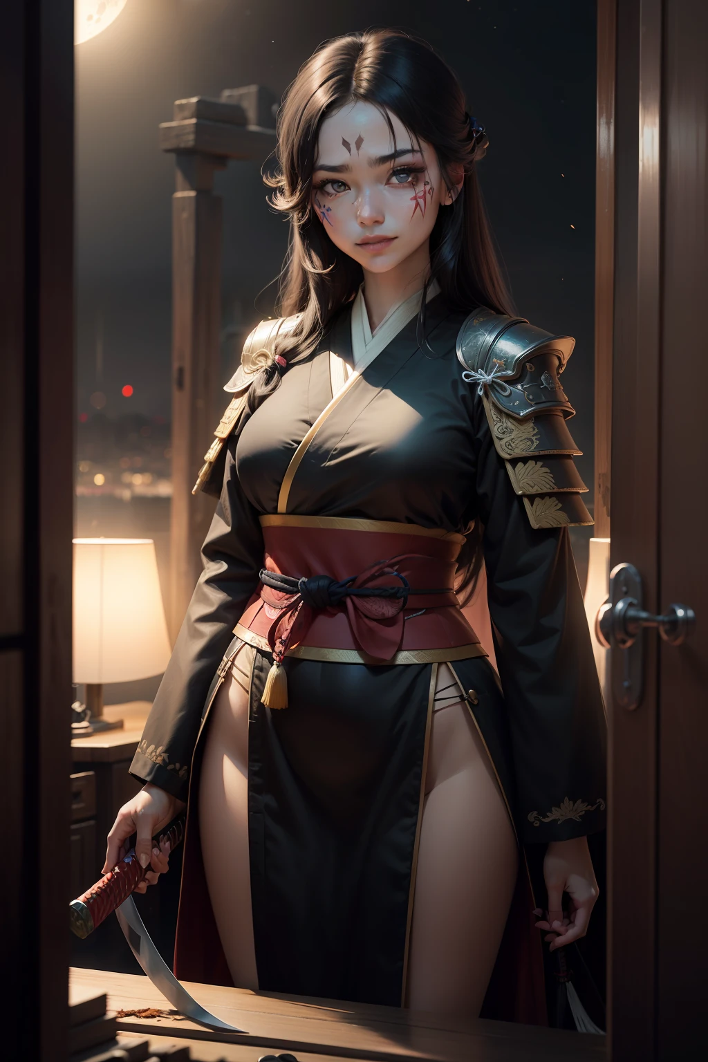 black hair, battle worn, samurai, pretty girl, delicate face, beautiful girl, hot body, hot girl, holding katana, black and white samurai uniform, under the moonlight, long hair, floating hair, smile, soft face, kind eyes, dilated pupils, eyebrows behind hair, ringed eyes, holding breath, soft smile, face paint, scars on face, Surrealism, ray tracing, reflection light, motion lines, blurry foreground, night time, perspective, panorama, Canon, Fujifilm, 8k, super detail, best quality, UHD