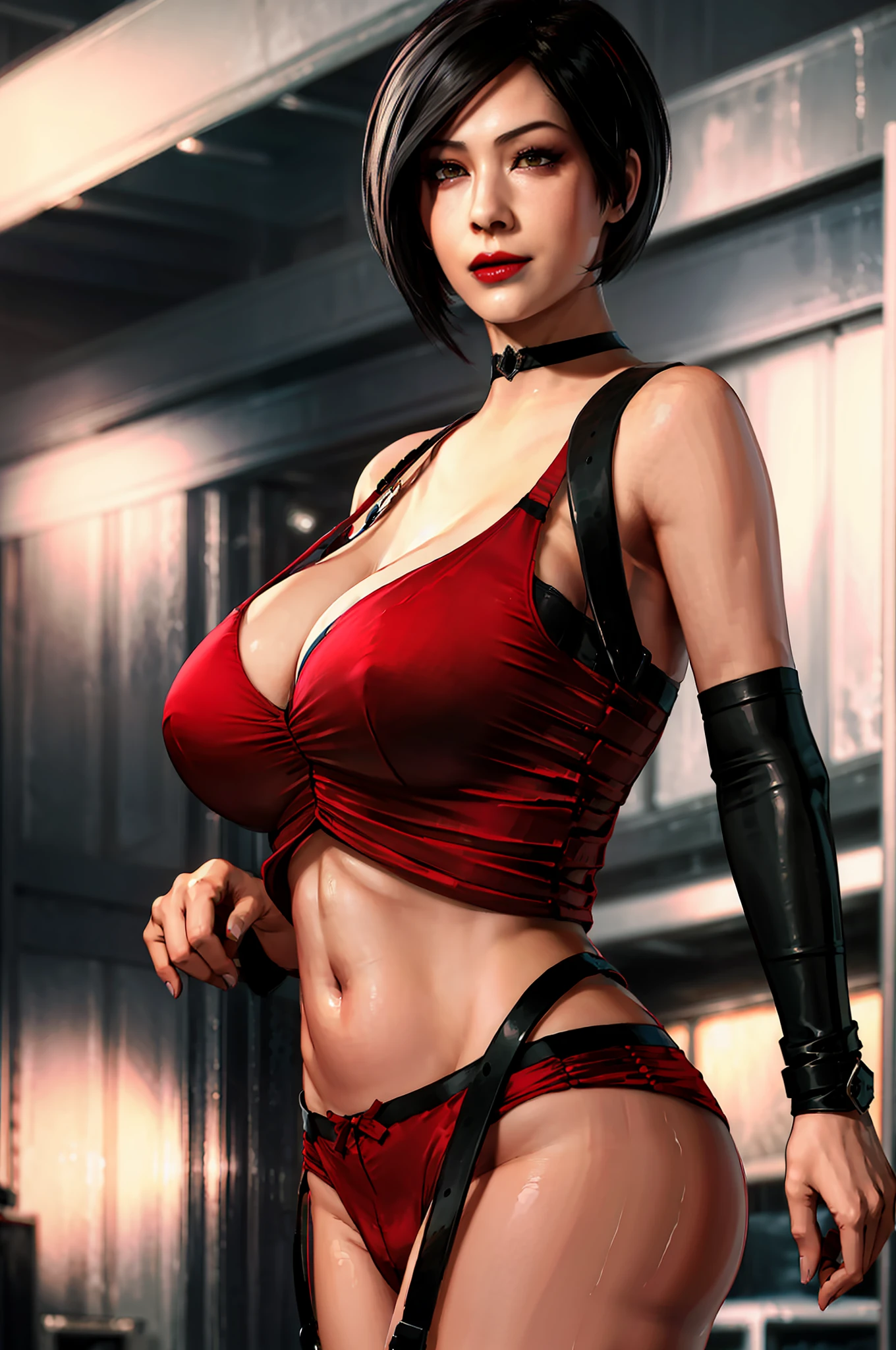 Girl,smile,red lips,short hair,big nose,big tits,sexy body,lingerie black clothes,sexy pose,realistic,beautiful girl