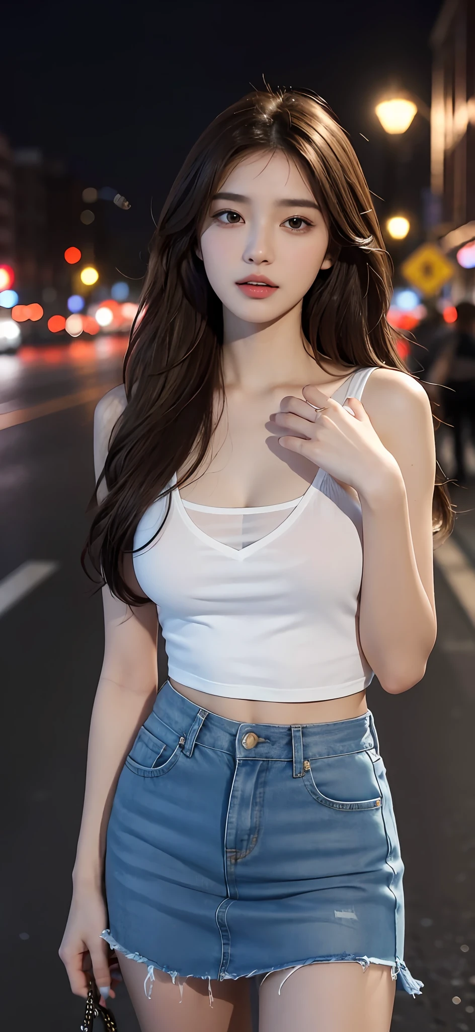 (Best Quality, 8K, Masterpiece, Ultra HD: 1.3), (K-Pop Idol: 1.5), 1 Pretty Girl, (Long brown Hair), Abs, Perfect Figure, Ultra Fine Face, Delicate Lips, Beautiful Eyes, Double Eyelids, Super fine hand, Super fine finger, Short skirt (Sultry) ((Aroused: 1.5)), Open shirt show   , Detailed , on the streets city in night