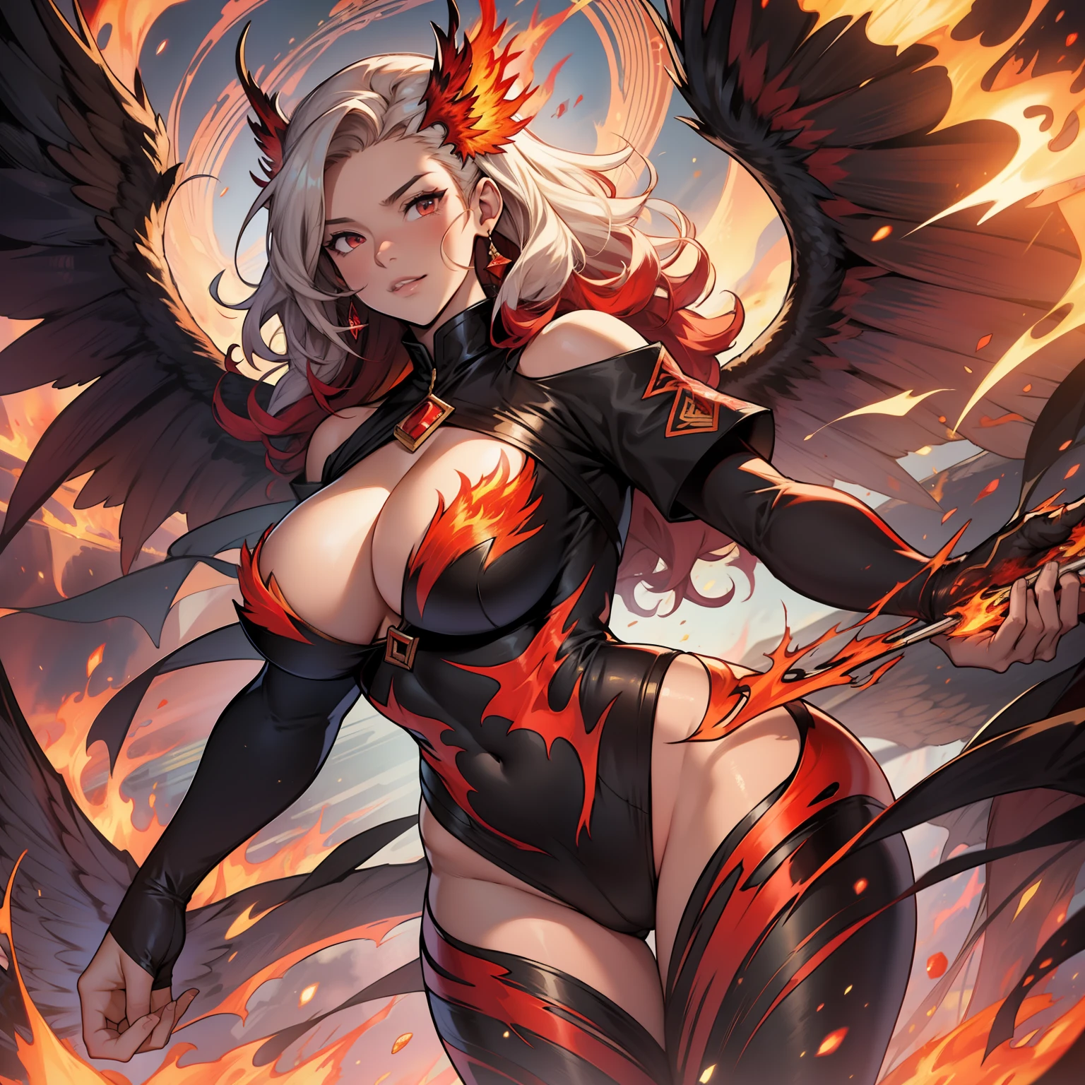 Red Phoenix , beautiful female, chubby, flames on body, huge wings, curly hair, flames, fire