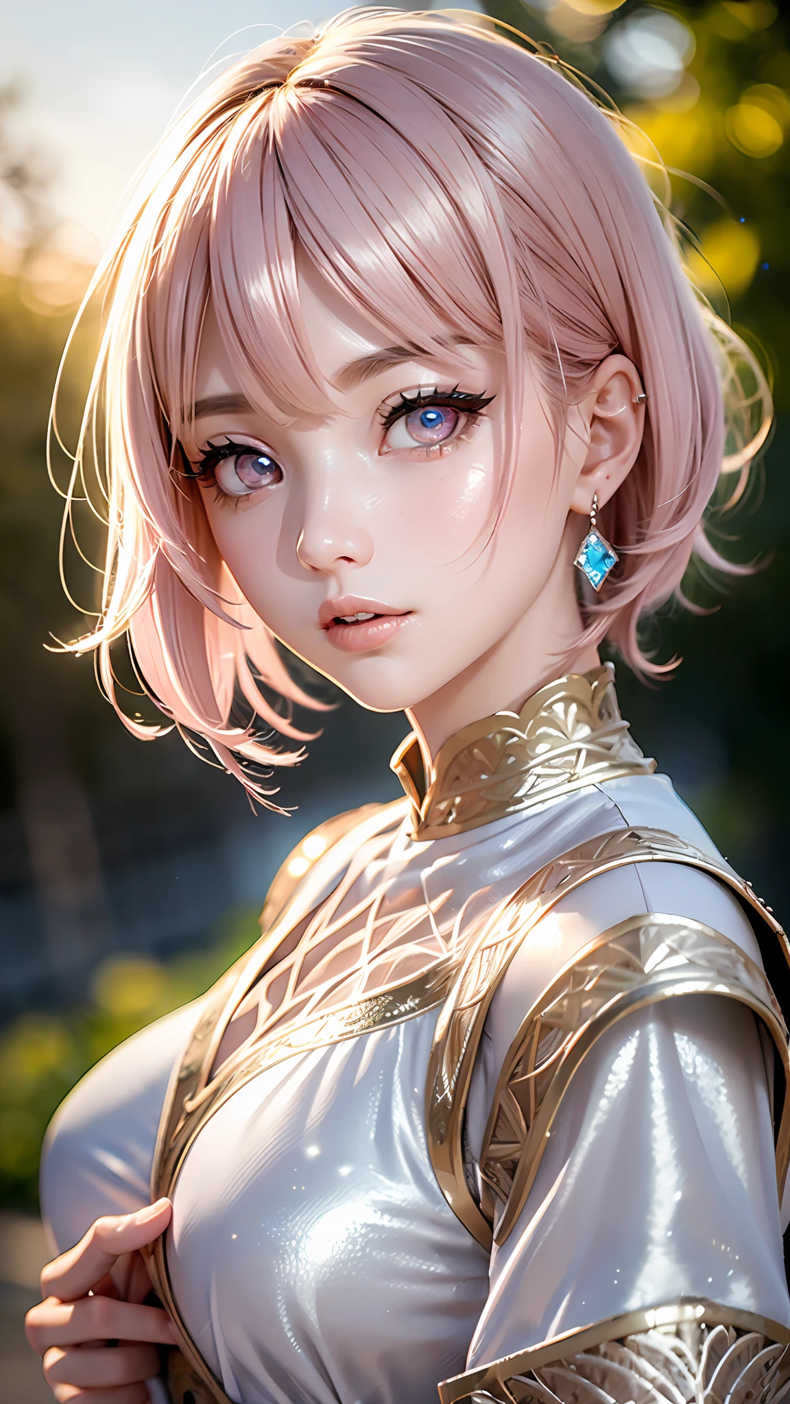 Realistic, Hyper Detail, Girls Only, ((sidecut Layered Bob)), Dynamic Lighting, ((Bold imaginative pose)), (Glossy skin: 1.5), Masterpiece, Top Quality, Absurdity, Watching Viewer, (blonde hair, pink gradient hair), deep Purple Clear Eyes,((Beautiful, detailed eyes, jewel-like eyes, colorful eyes, sparkling eyes:1.3)), Slender, High Resolution, Sharp Focus, Depth of Field, Detail Eyes, Sharp Eyes, (Realistic Eyes)), outdoors, sunrise sky, (attractive delicate design river trimmed lace dress, (intricately patterned japanese traditional gothic sexy armor wearing): 1.3))