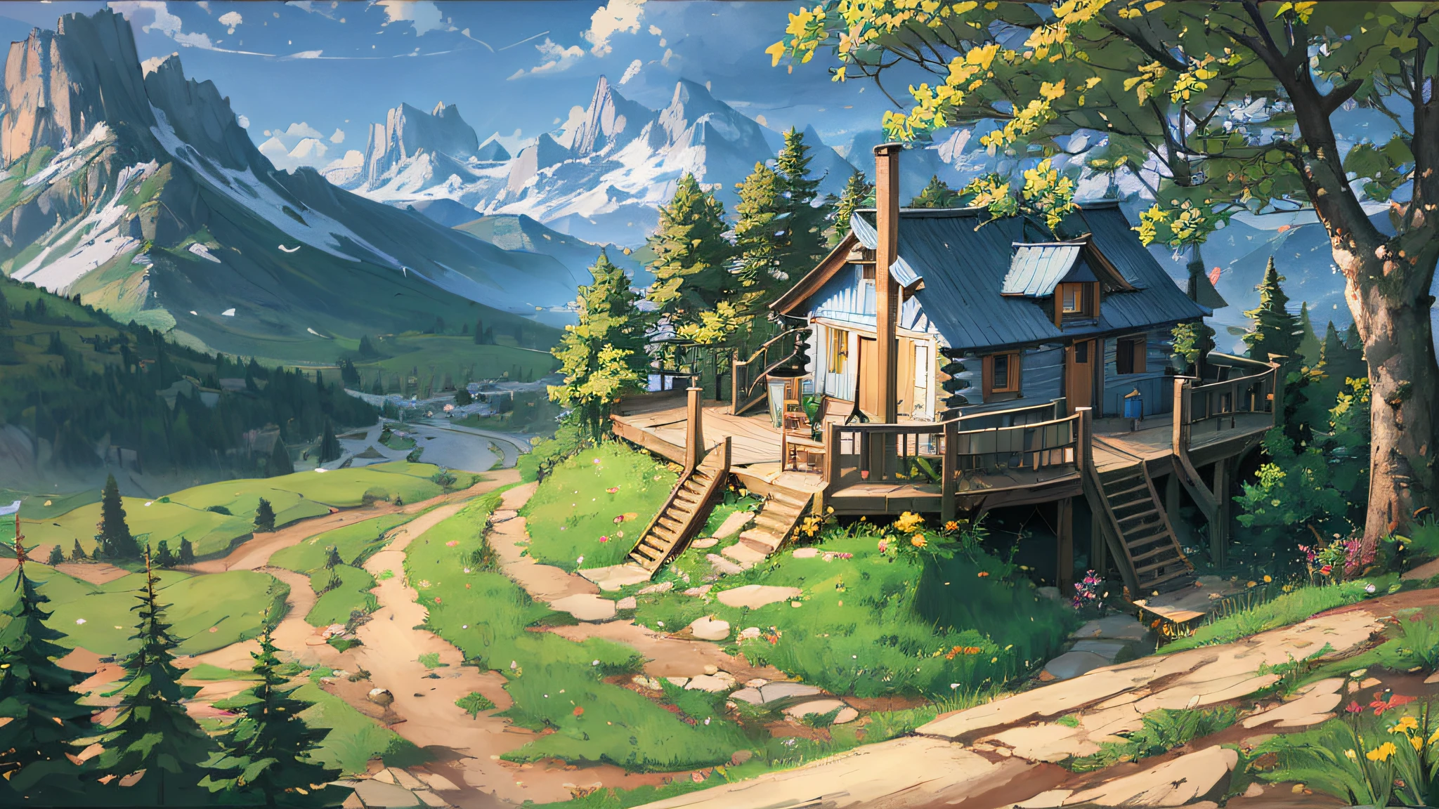 Painting of a cabin in the mountains with a path leading to it - SeaArt AI