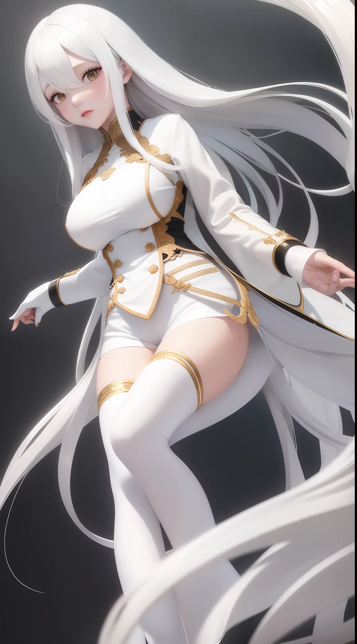 long white hair,White color blouse,short white pants,Reach your hand into the crotch,mediuml breasts,slimfigure,Kick the crotch