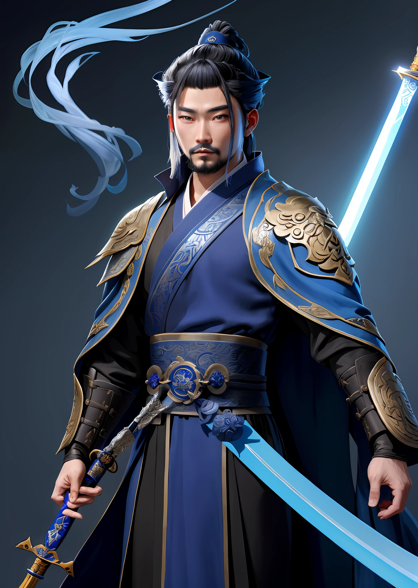 Image of a man in a blue robe holding a sword, cheveux fluides et robes longues, par Yang J, inspired by Guan Daosheng, inspired by Cao Zhibai, inspired by Zhao Yuan, inspired by Zhu Derun, swordsman, inspired by Wu Daozi, inspired by Bian Shoumin, inspired by Huang Shen